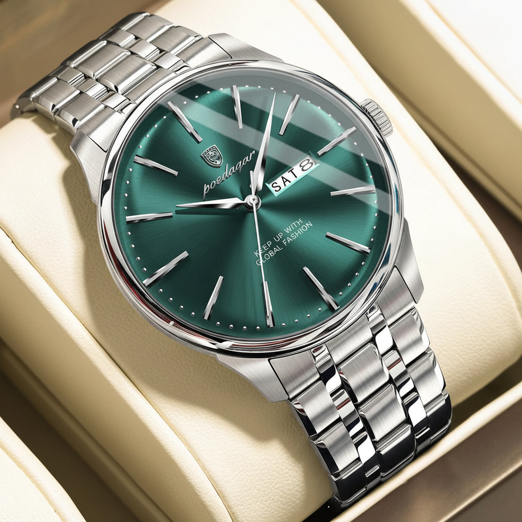 Full Calendar Stainless Steel Watch – Date & Week Display with Hidden Clasp