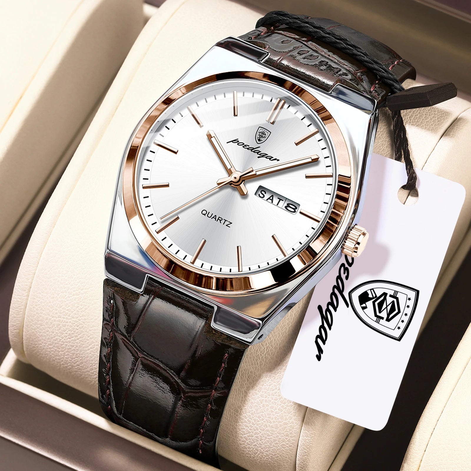 Full Calendar Leather Watch – Luminous Dial with Date, Week & Classic Buckle