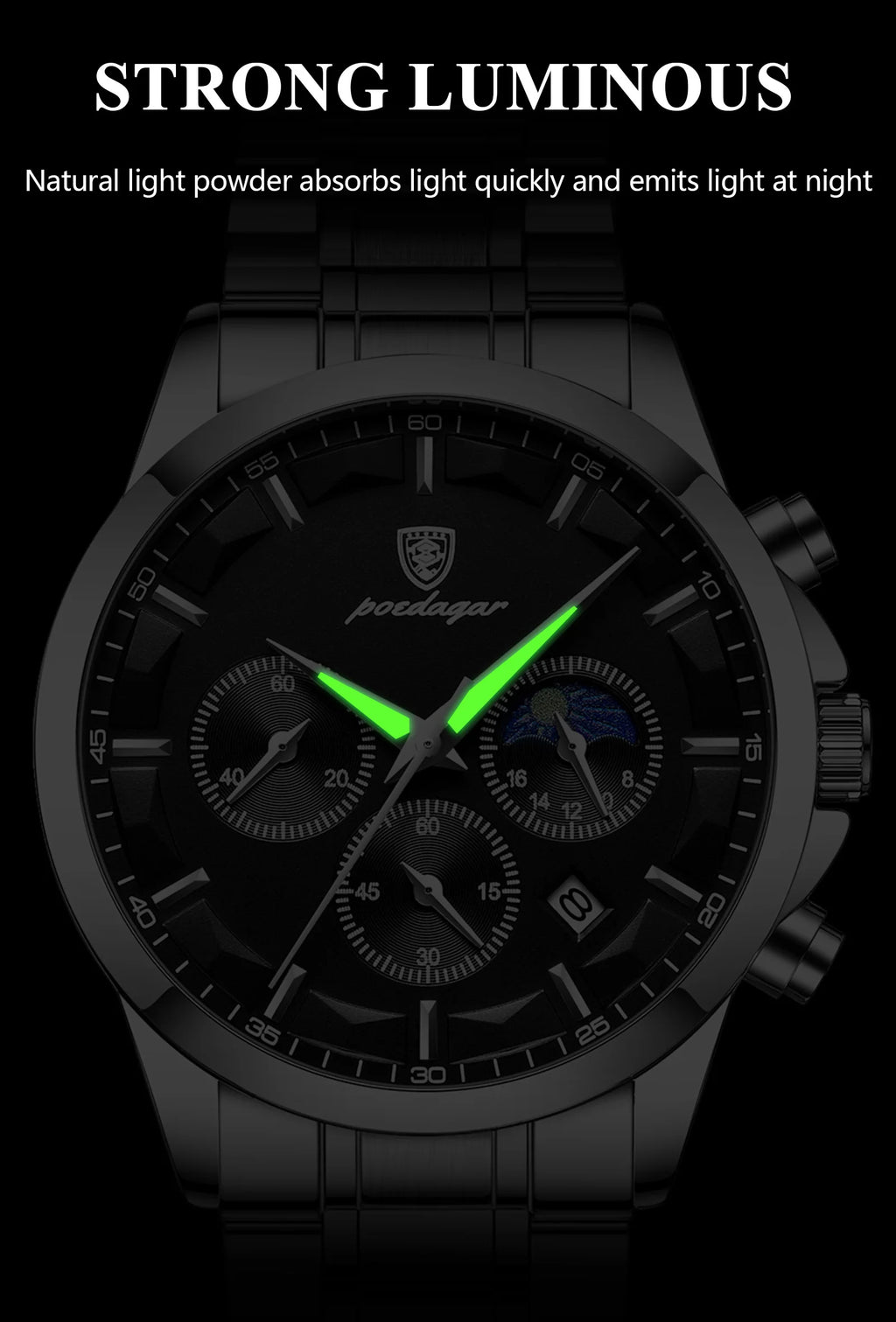Chronograph Date Watch – Luminous Numberless Dial with Bracelet Clasp