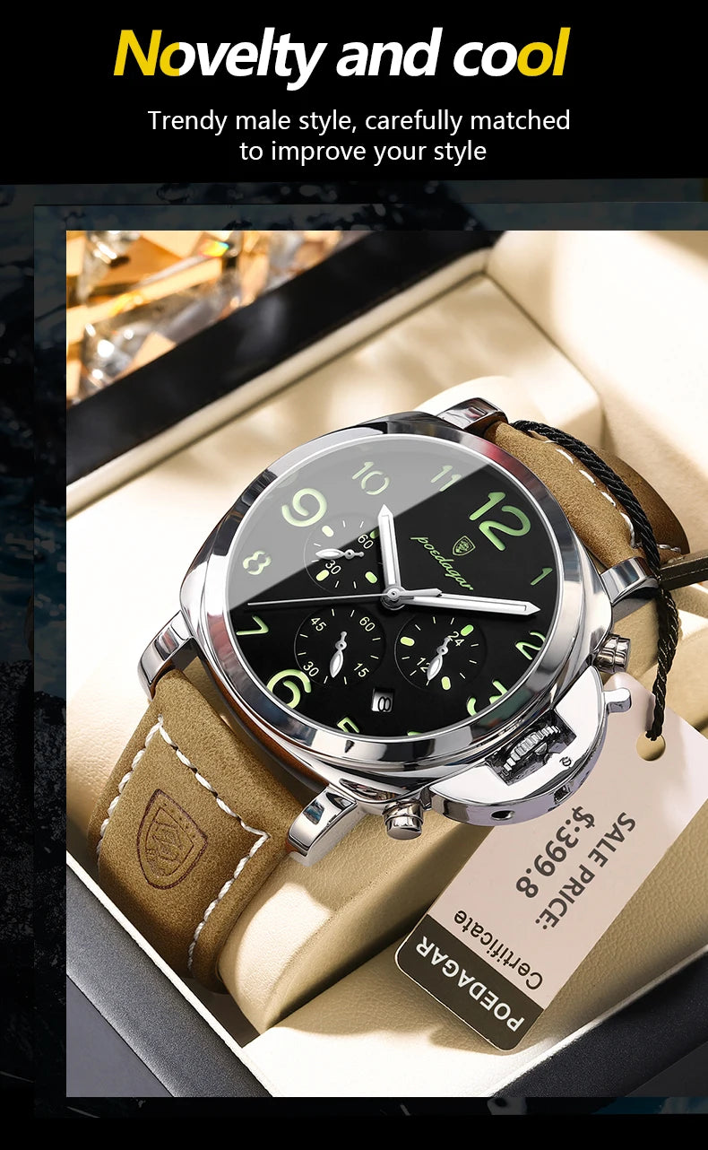 Chronograph Leather Watch – Bold Arabic Dial with Date & Luminous Hands