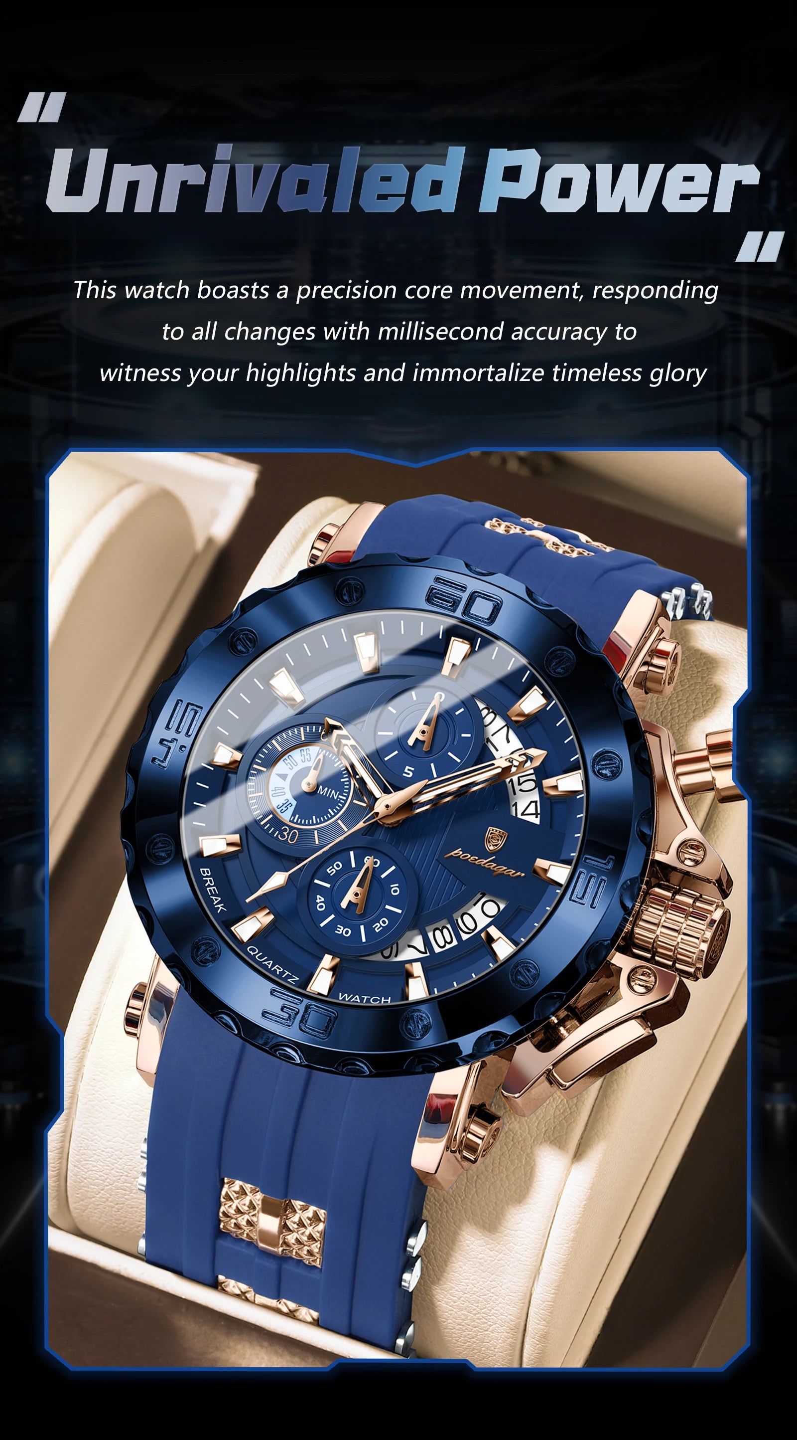 Large Chronograph Sport Watch – Full Calendar with Silicone Strap & Luminous Dial