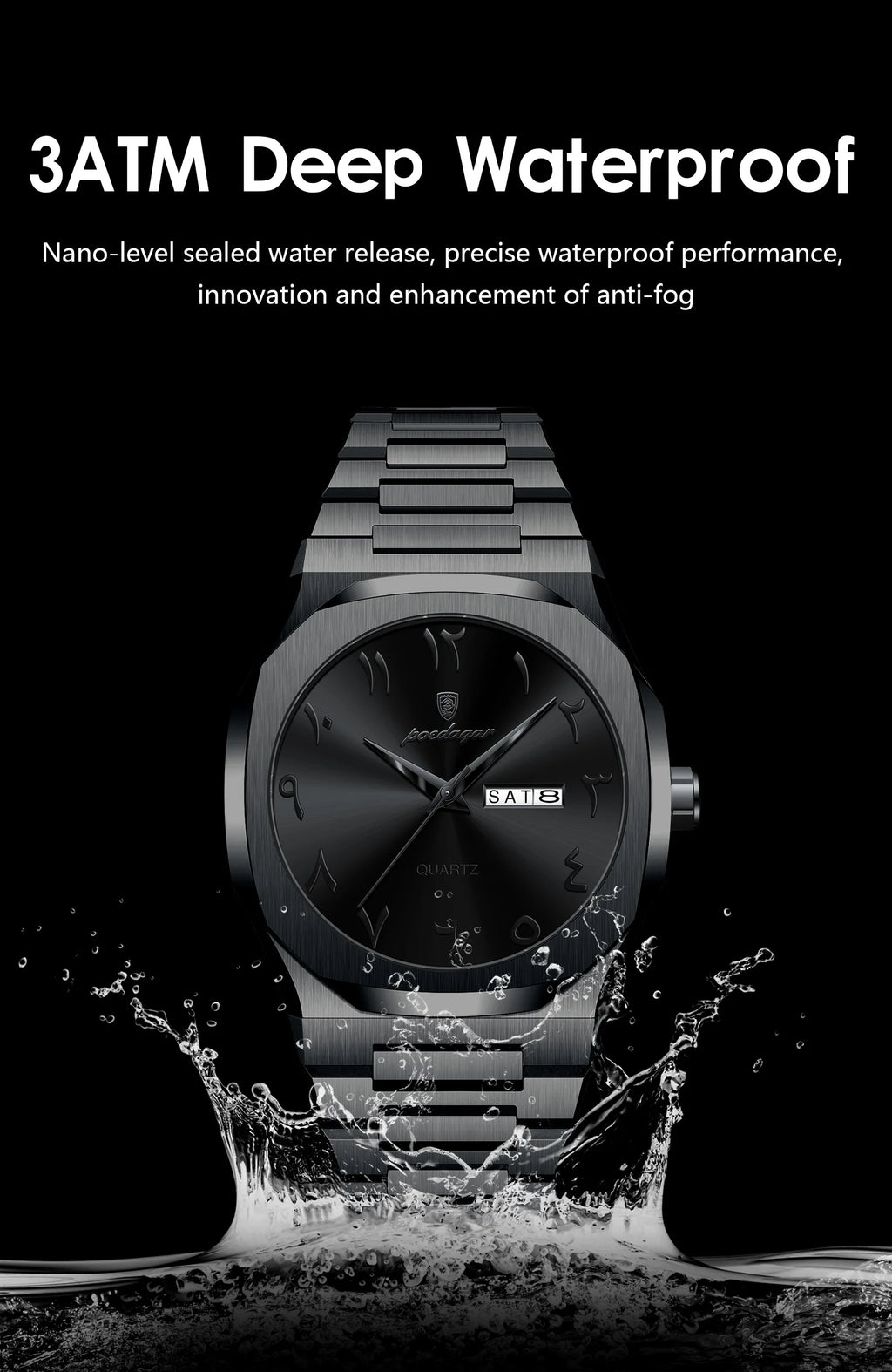Irregular Shape Stainless Steel Watch – Full Calendar with Date & Week Display