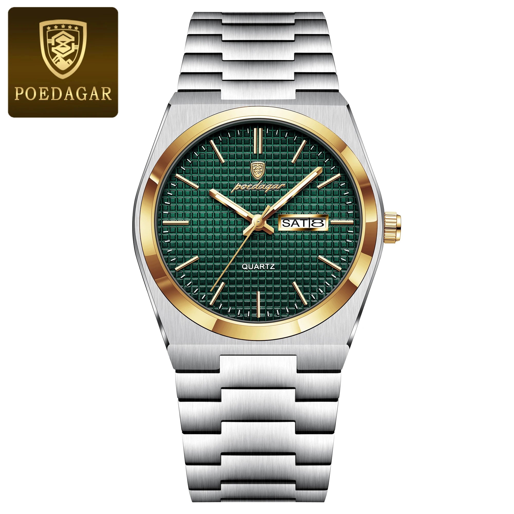 Full Calendar Stainless Steel Watch – Luminous Dial with Date, Week & Hidden Clasp