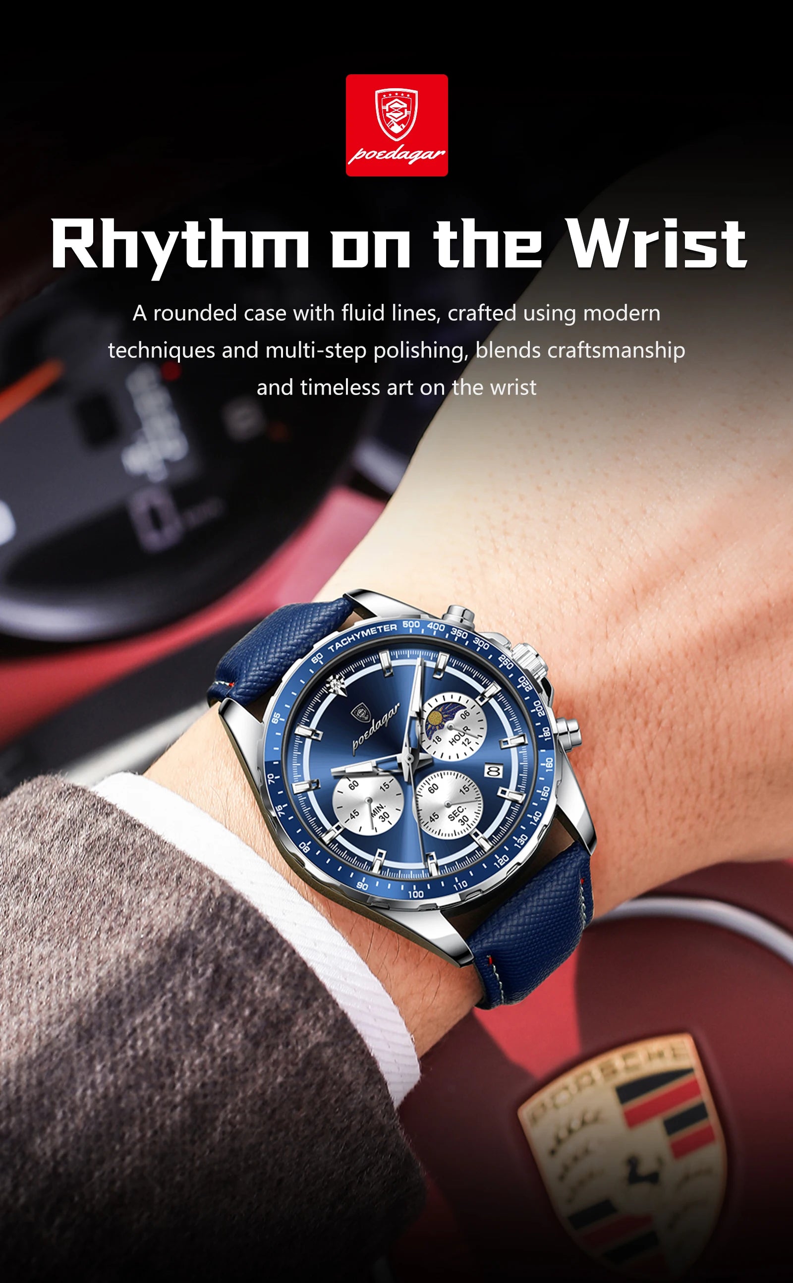 Premium Leather Chronograph Watch – Luminous Dial, Date Display, Quartz Movement