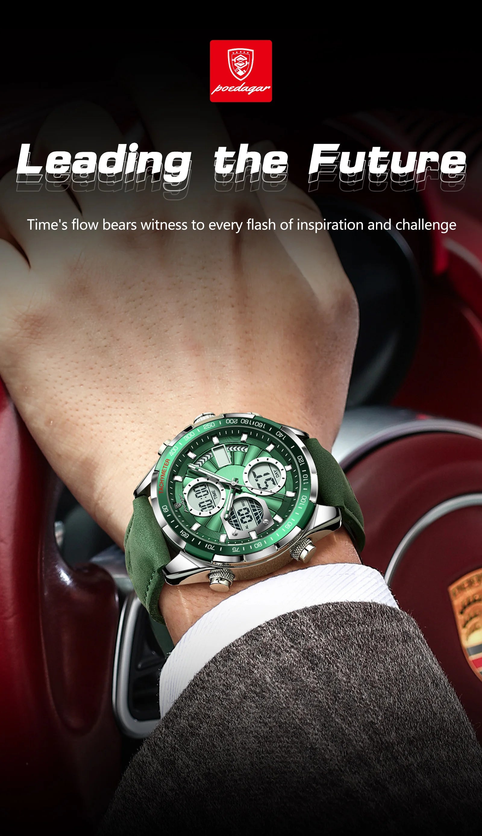 LED Analog-Digital Chronograph Watch – Dual Time & Alarm with Leather Strap