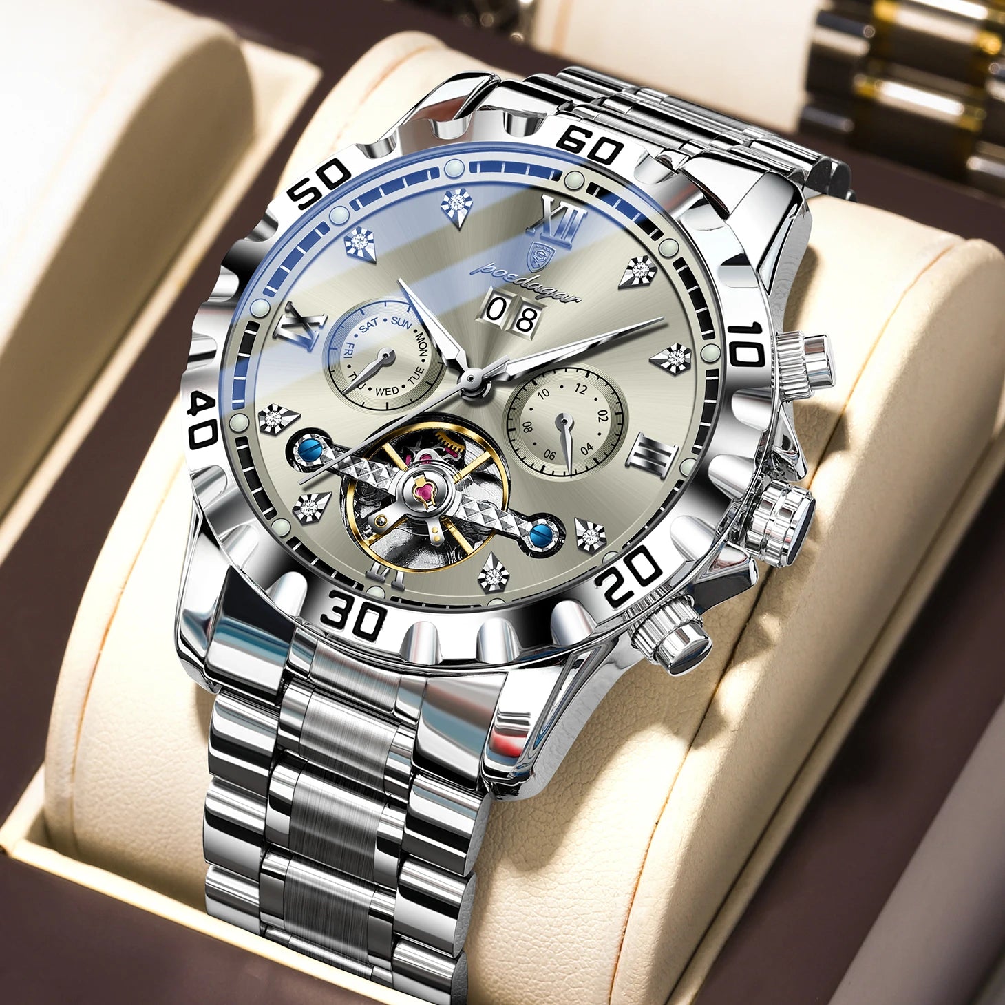 Automatic Tourbillon Style Watch – Sapphire Crystal with Week Display & Hidden Clasp