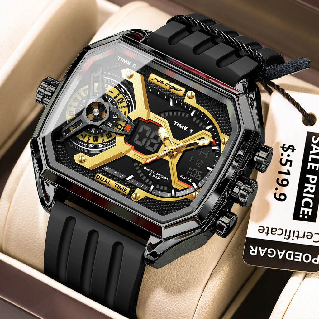 LED Analog-Digital Chronograph Watch – Dual Time & Alarm with Silicone Strap