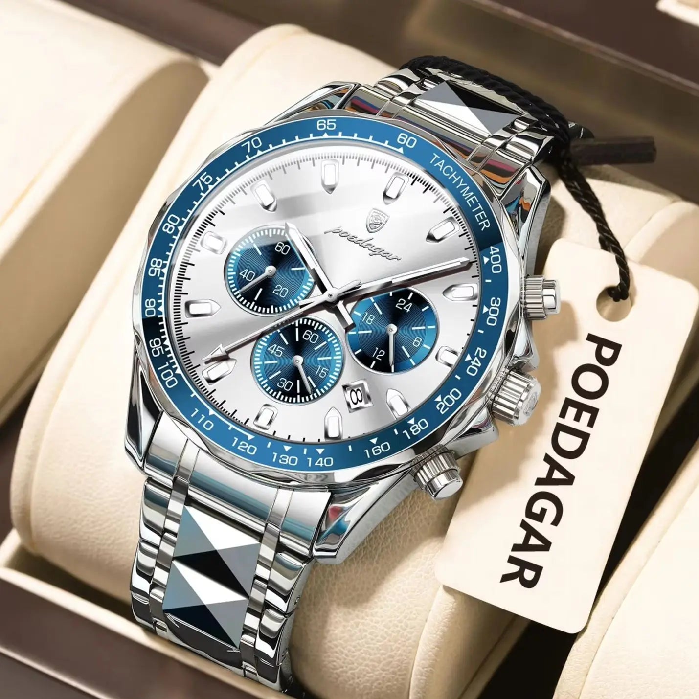 Chronograph Date Watch – Luminous Dial with Hidden Clasp Bracelet