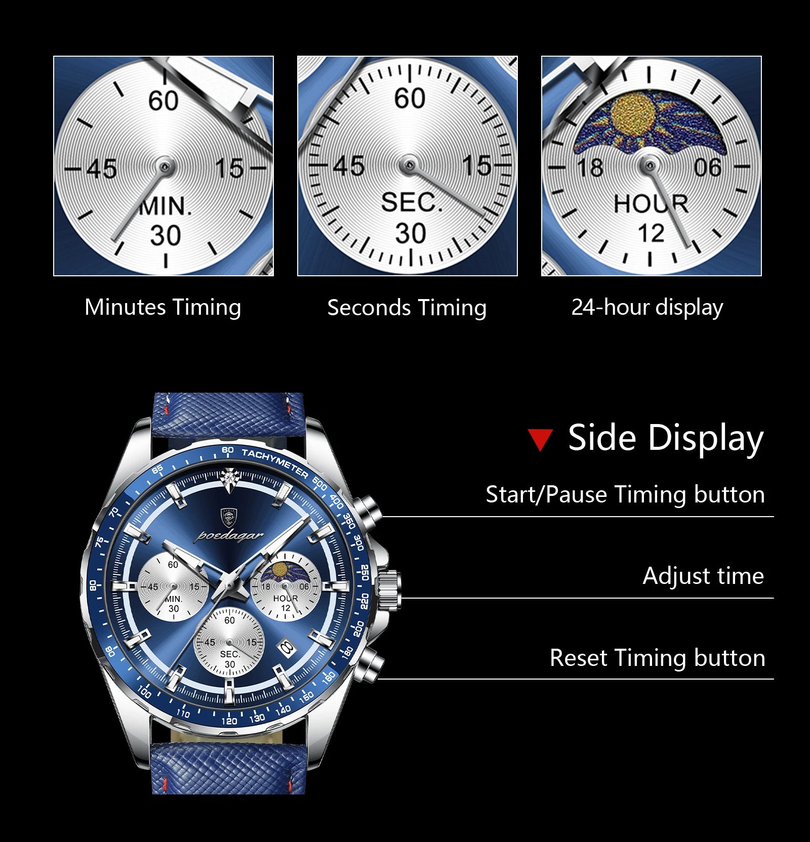Premium Leather Chronograph Watch – Luminous Dial, Date Display, Quartz Movement