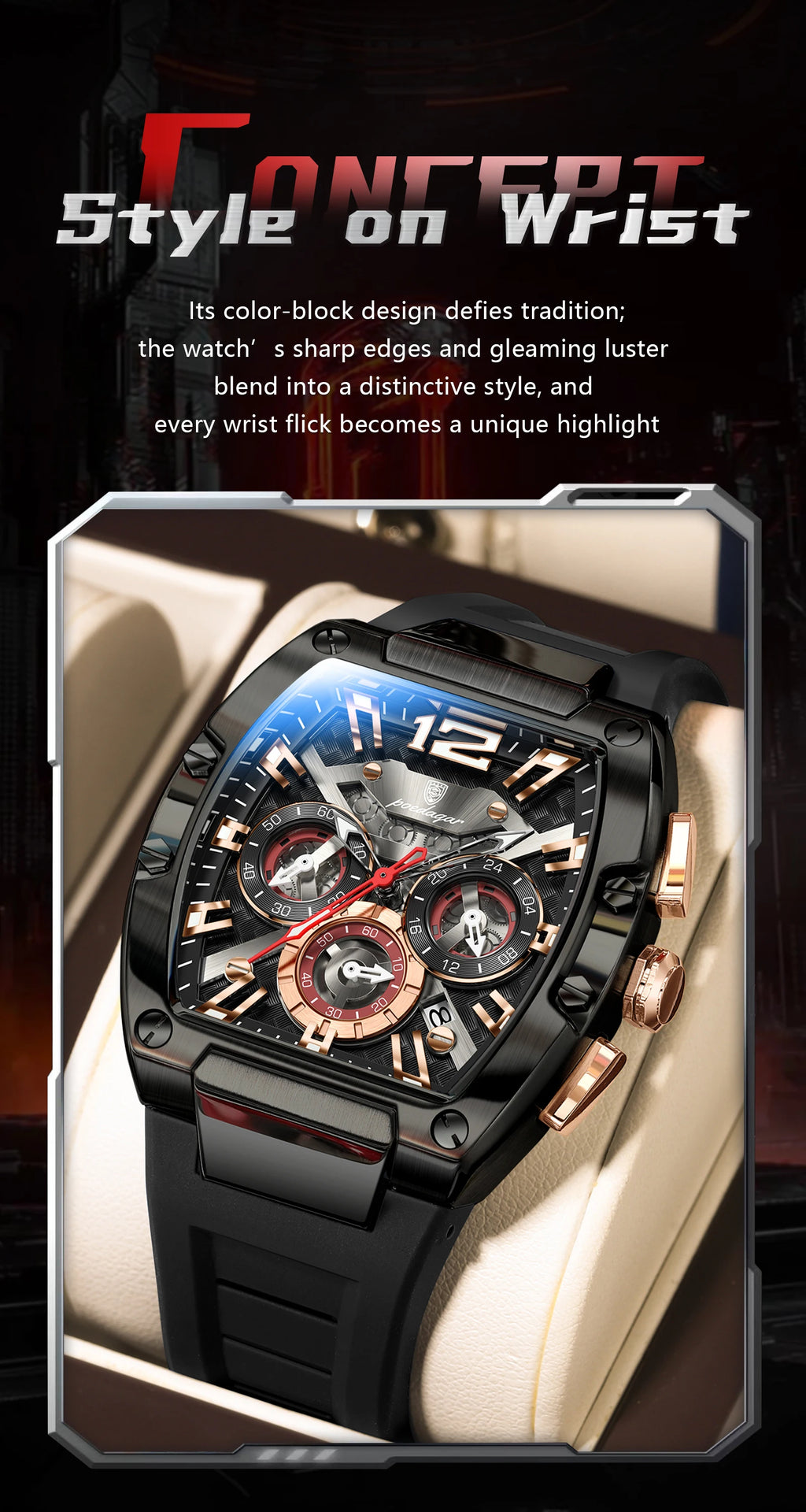 Tonneau Chronograph Watch – Roman Numeral Dial with Sapphire Crystal & Silicone Strap