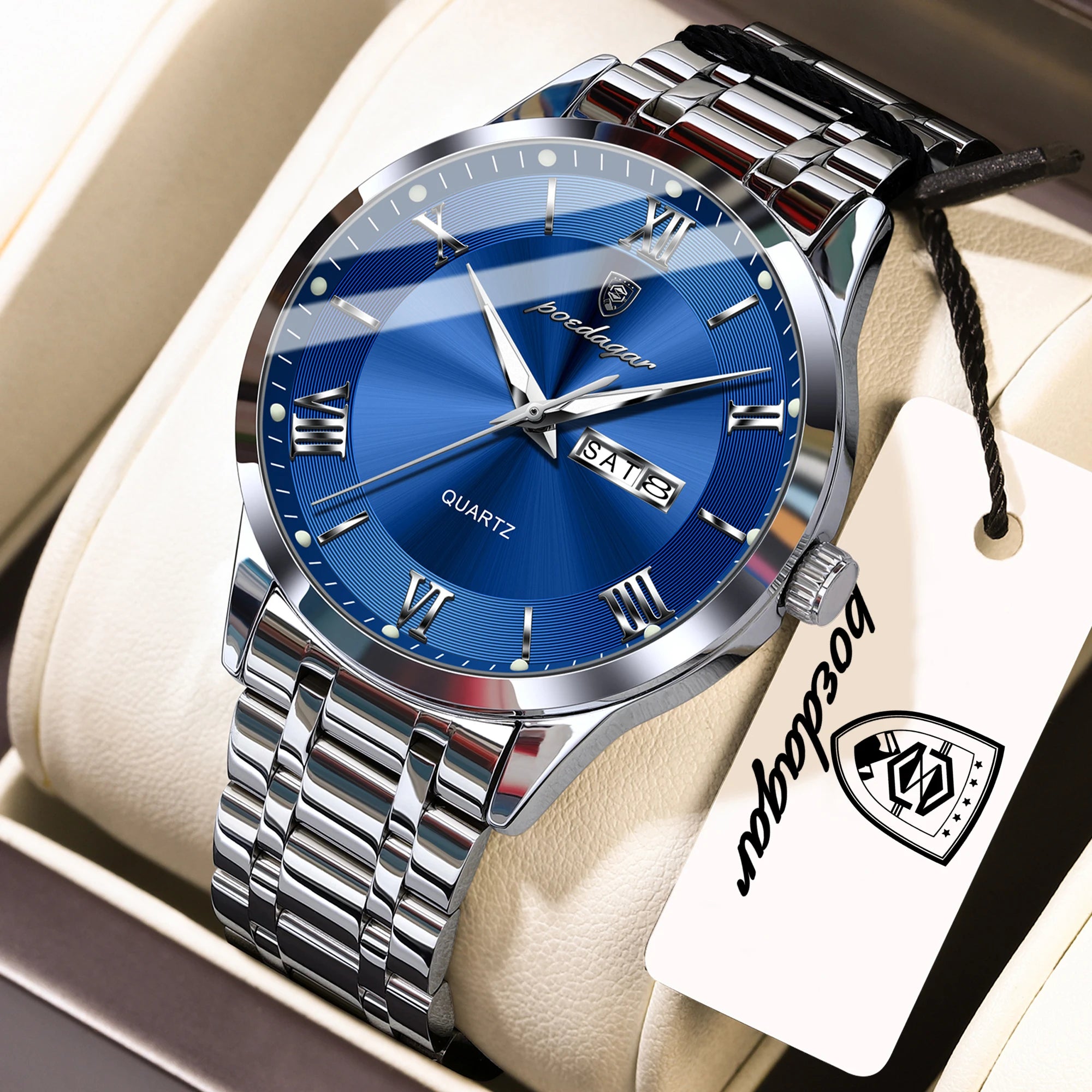 Full Calendar Stainless Steel Watch – Luminous Dial with Date, Week & Hidden Clasp