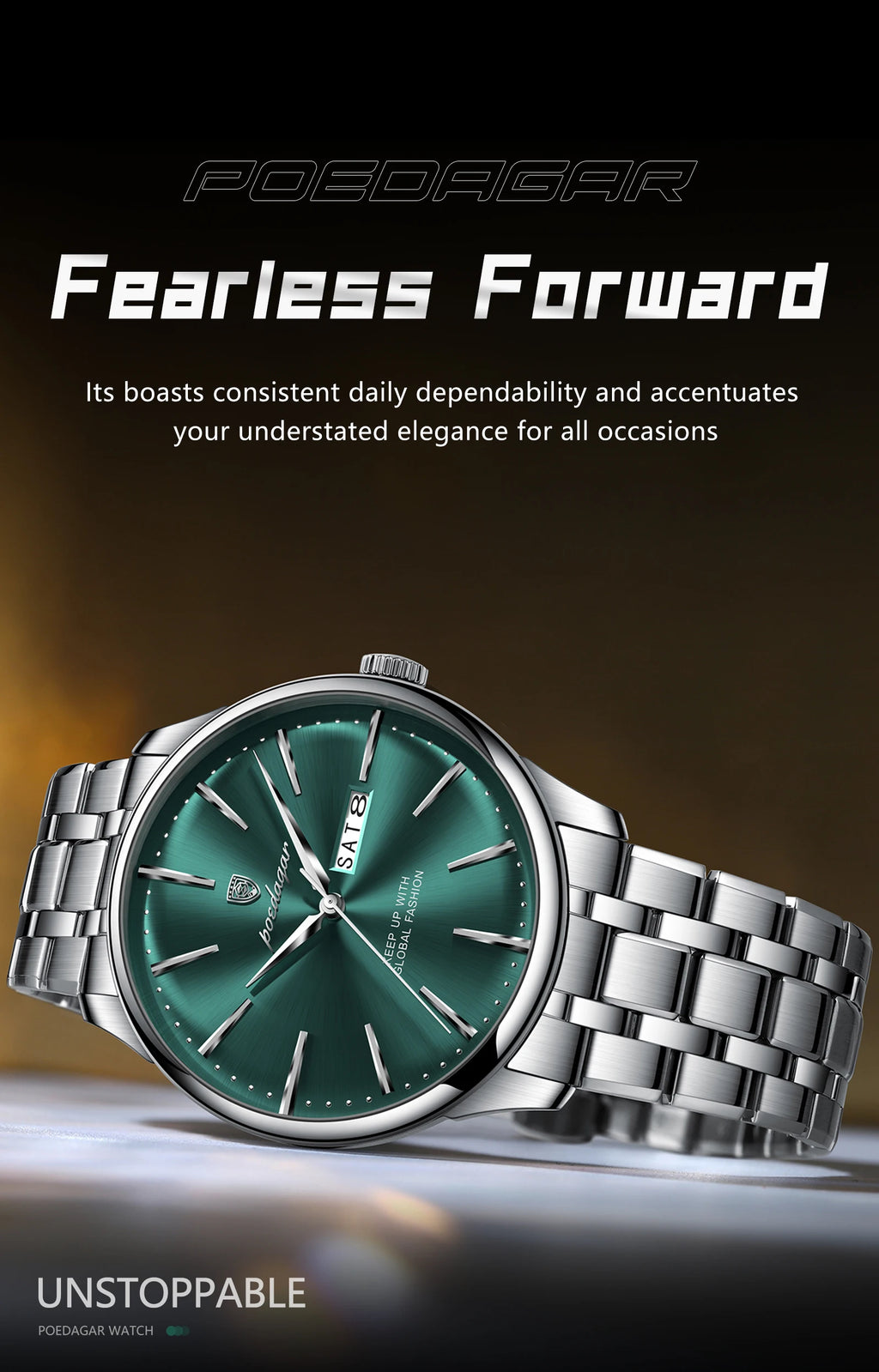 Full Calendar Stainless Steel Watch – Date & Week Display with Hidden Clasp