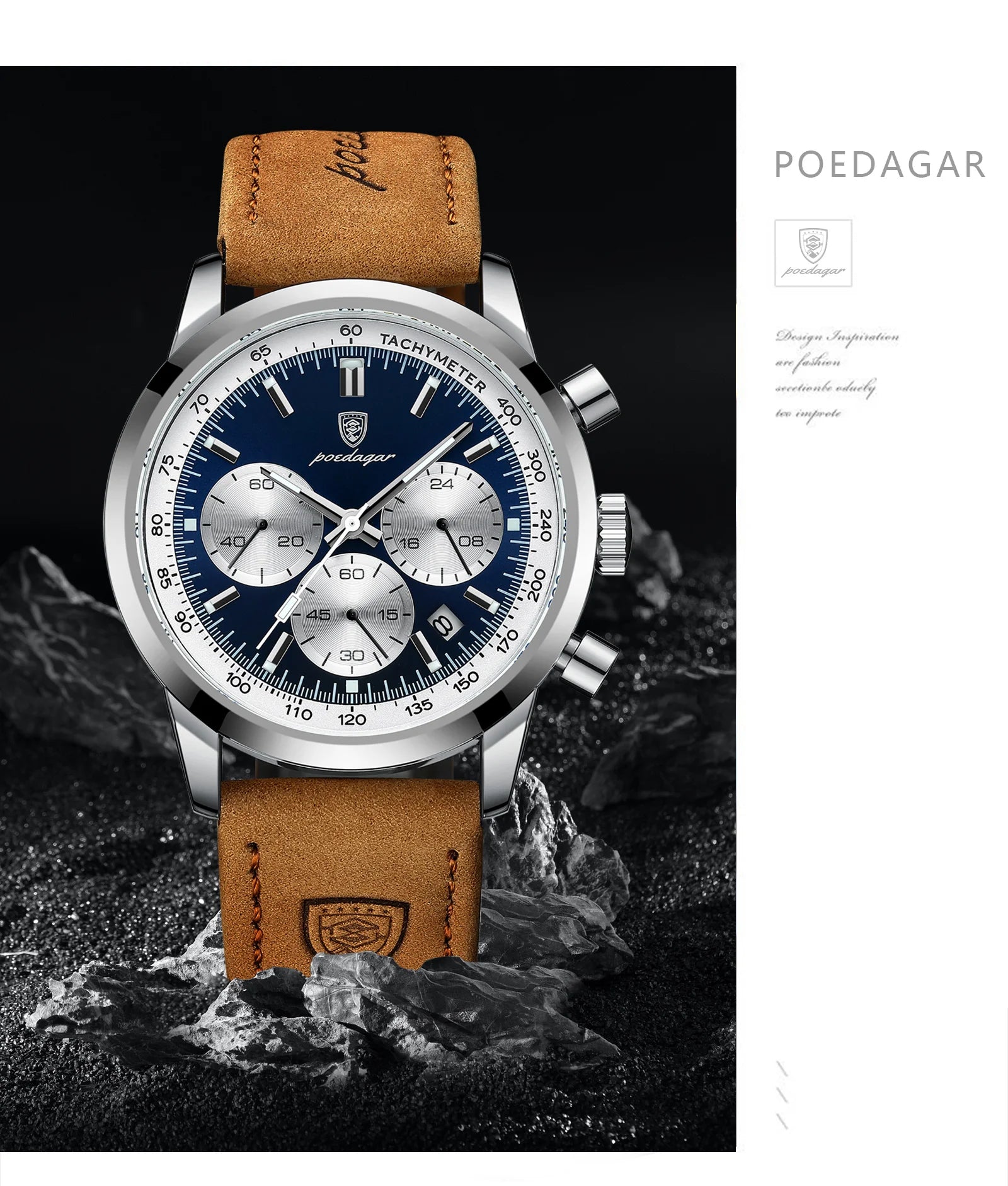 Chronograph Leather Watch – Luminous Numberless Dial with Date