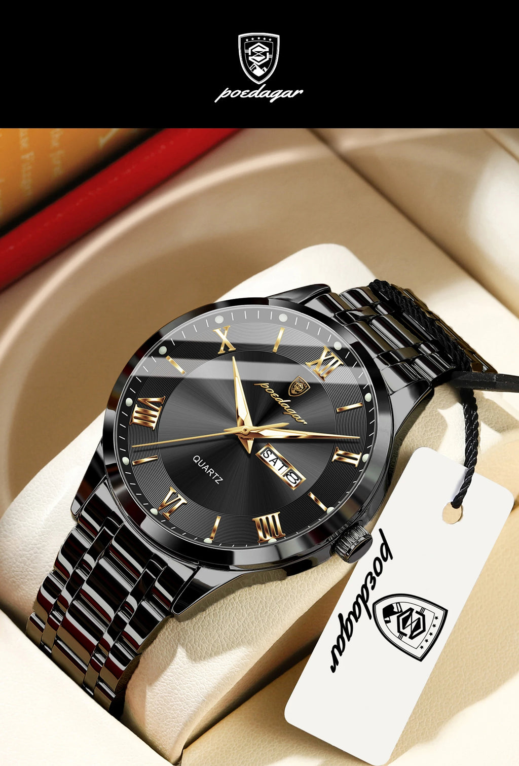 Full Calendar Stainless Steel Watch – Luminous Dial with Date, Week & Hidden Clasp