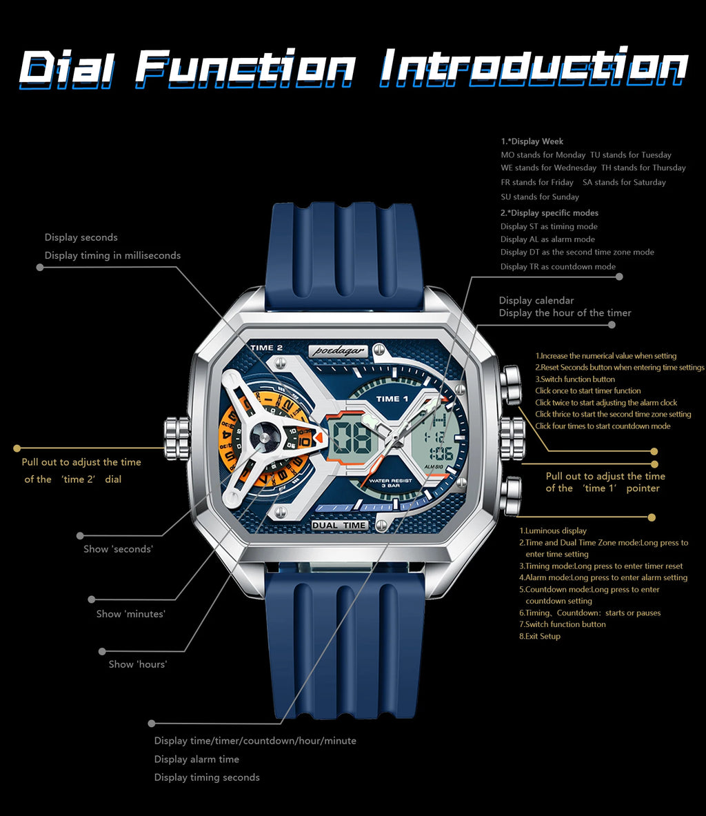 LED Analog-Digital Chronograph Watch – Dual Time & Alarm with Silicone Strap