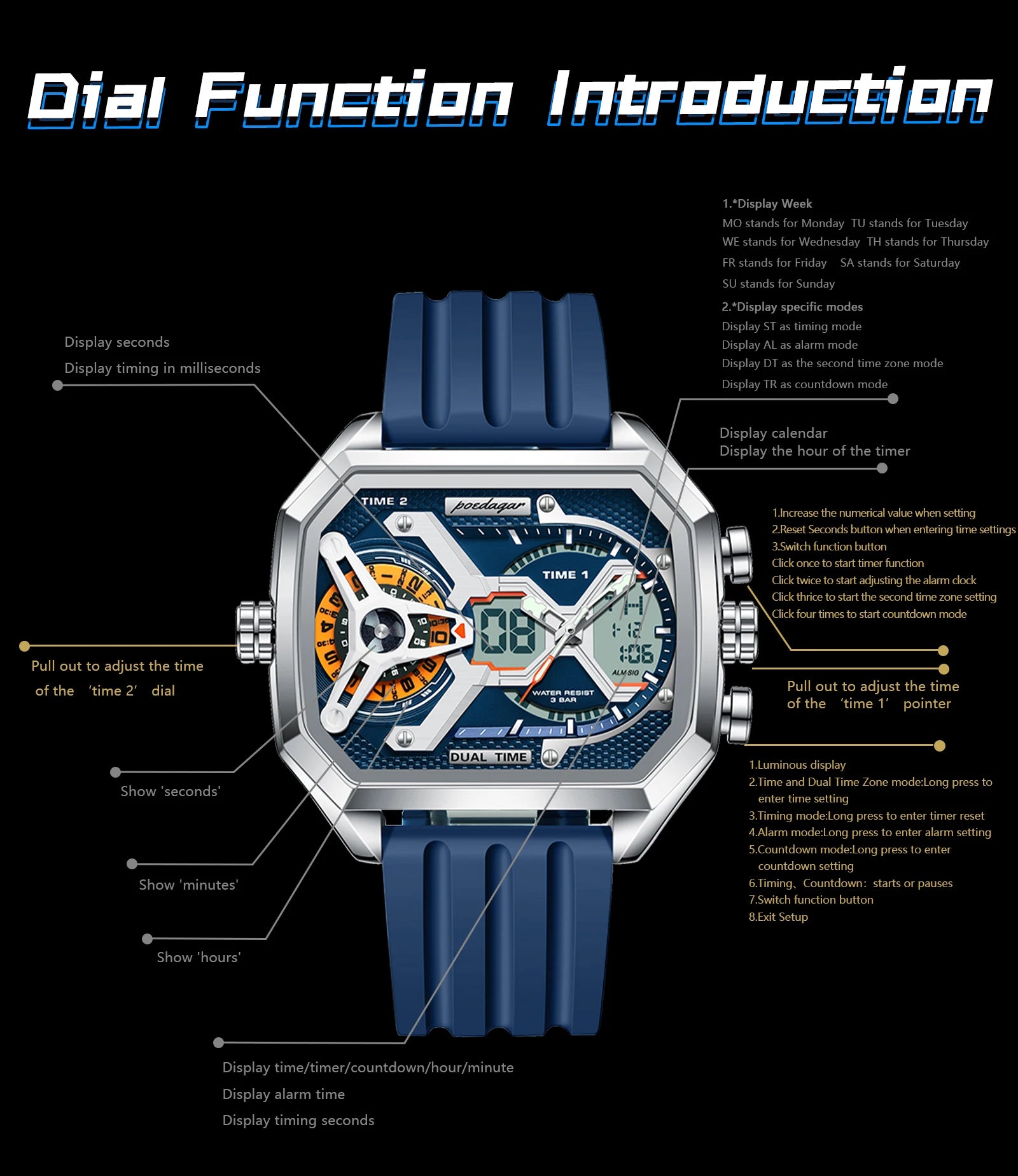 LED Analog-Digital Chronograph Watch – Dual Time & Alarm with Silicone Strap