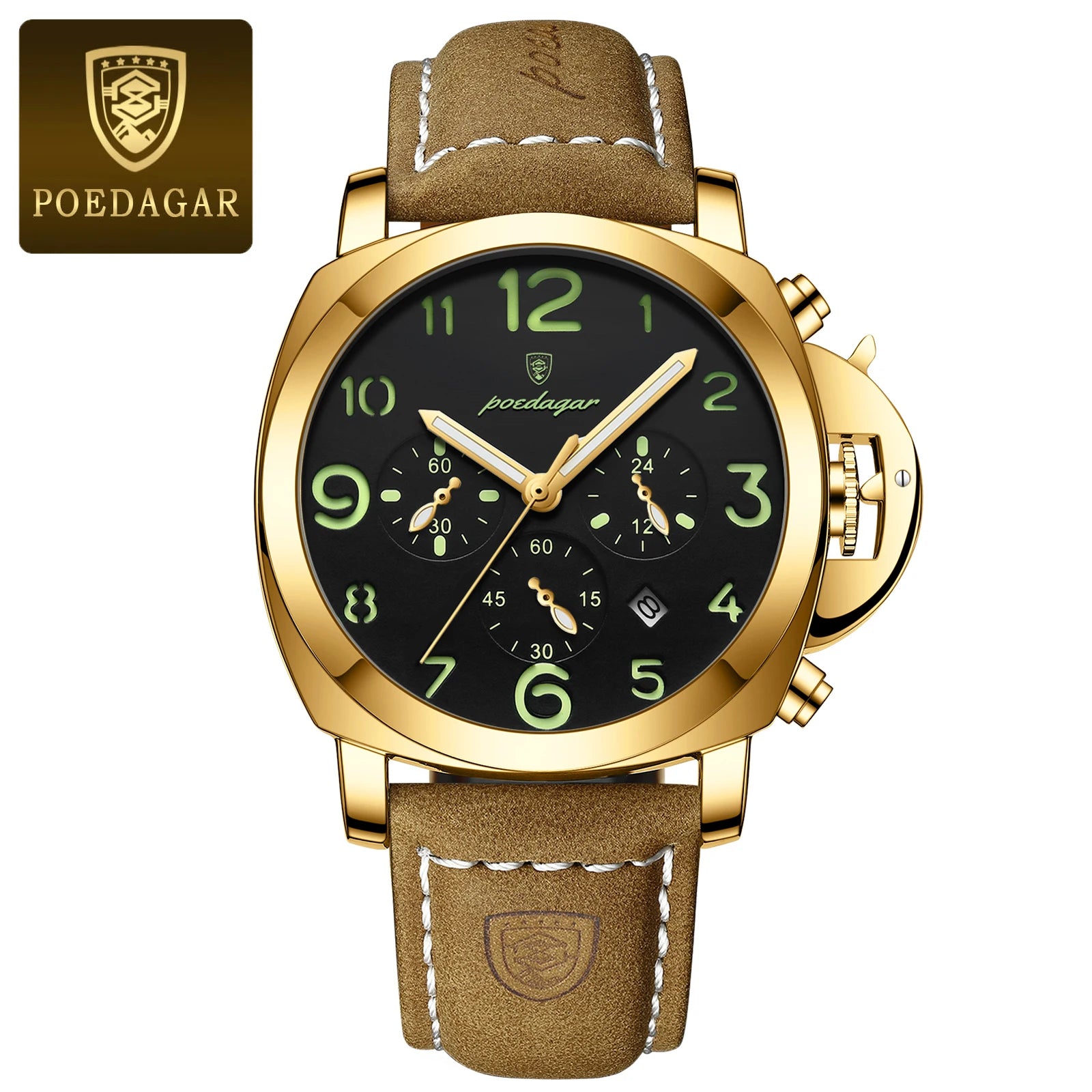 Military Style Chronograph Watch – Luminous Leather Strap with Date