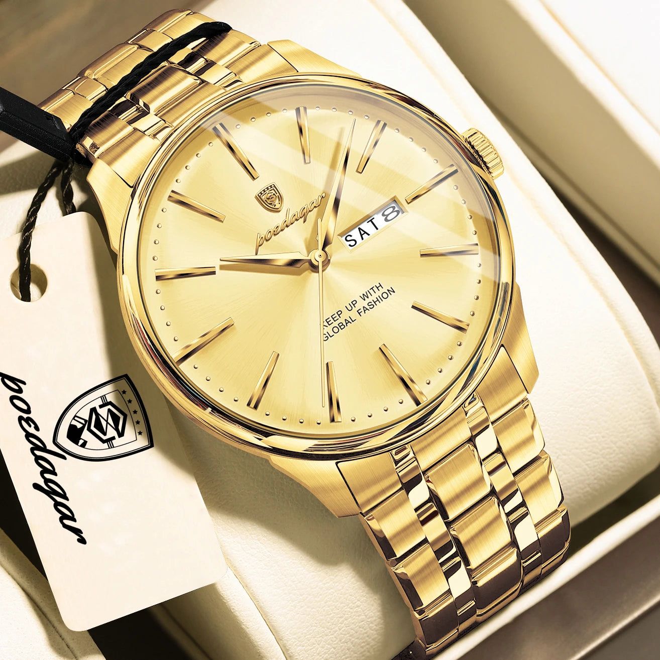 Full Calendar Stainless Steel Watch – Date & Week Display with Hidden Clasp