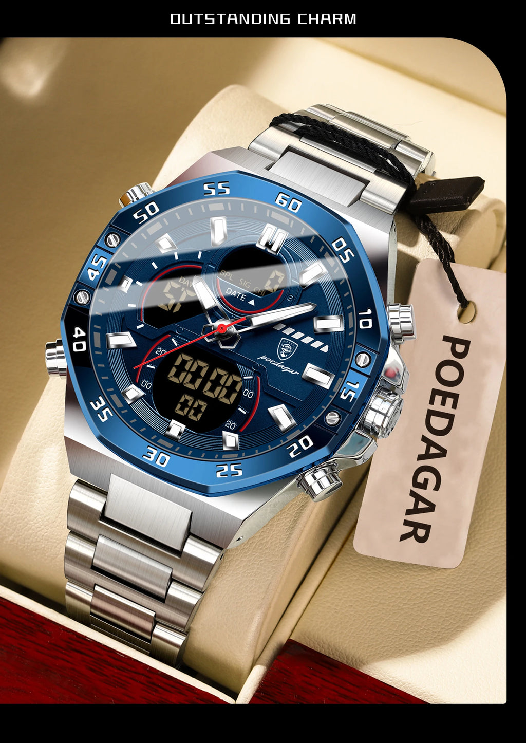 LED Analog-Digital Chronograph Watch – Full Calendar with Alarm & Bracelet