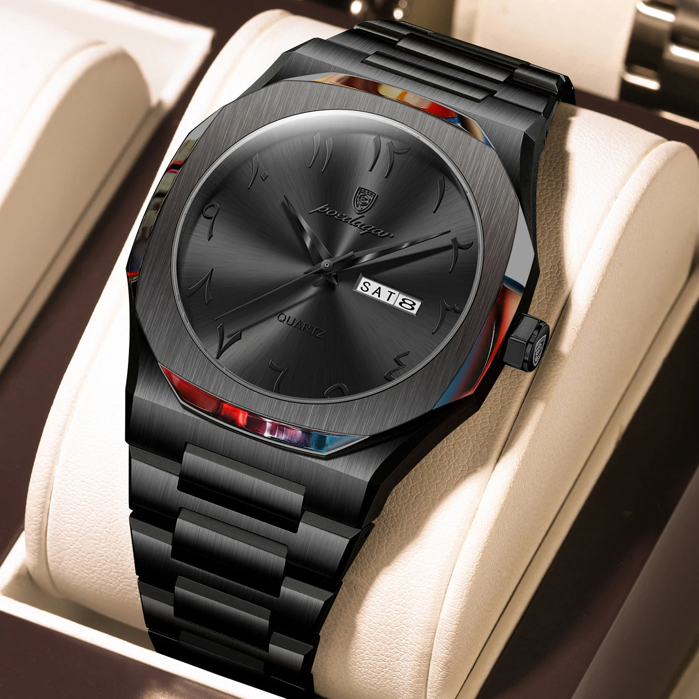 Irregular Shape Stainless Steel Watch – Full Calendar with Date & Week Display