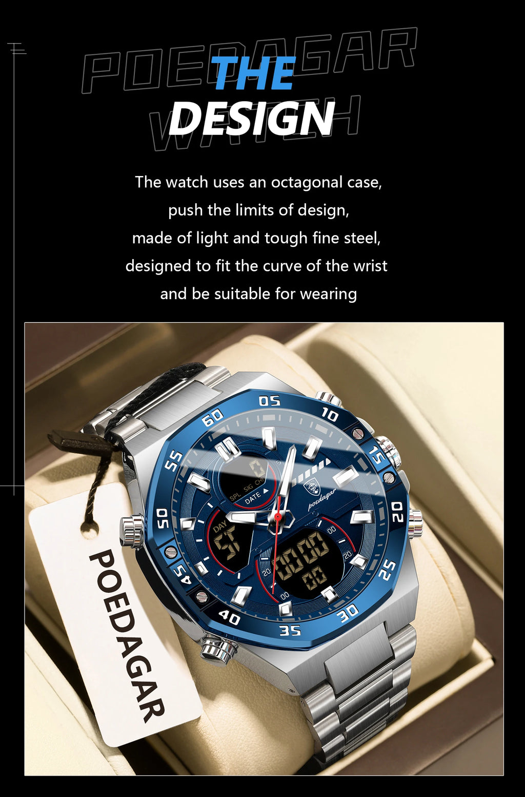 LED Analog-Digital Chronograph Watch – Full Calendar with Alarm & Bracelet