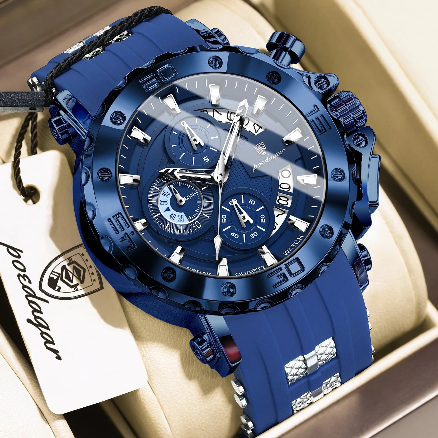 Large Chronograph Sport Watch – Full Calendar with Silicone Strap & Luminous Dial