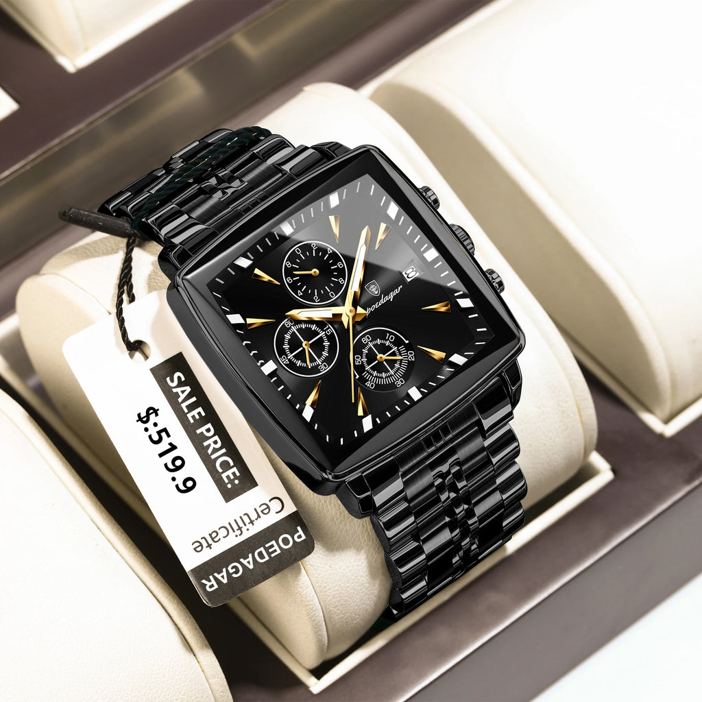 Square Chronograph Watch – Luminous Numberless Dial with Hidden Clasp Bracelet