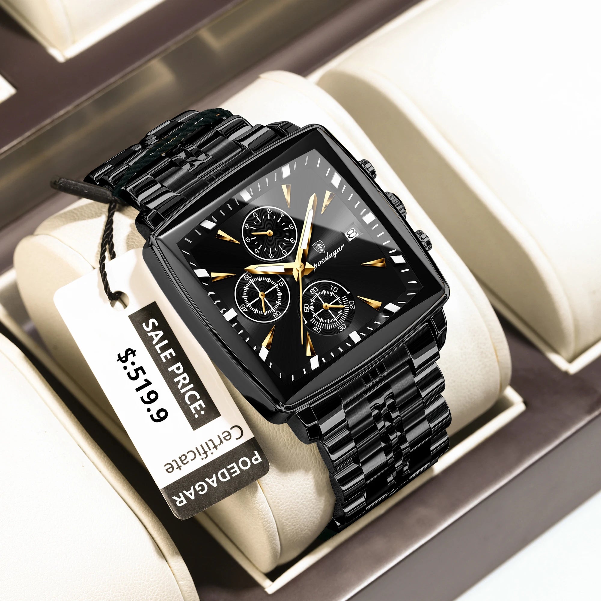 Square Chronograph Watch – Luminous Numberless Dial with Hidden Clasp Bracelet