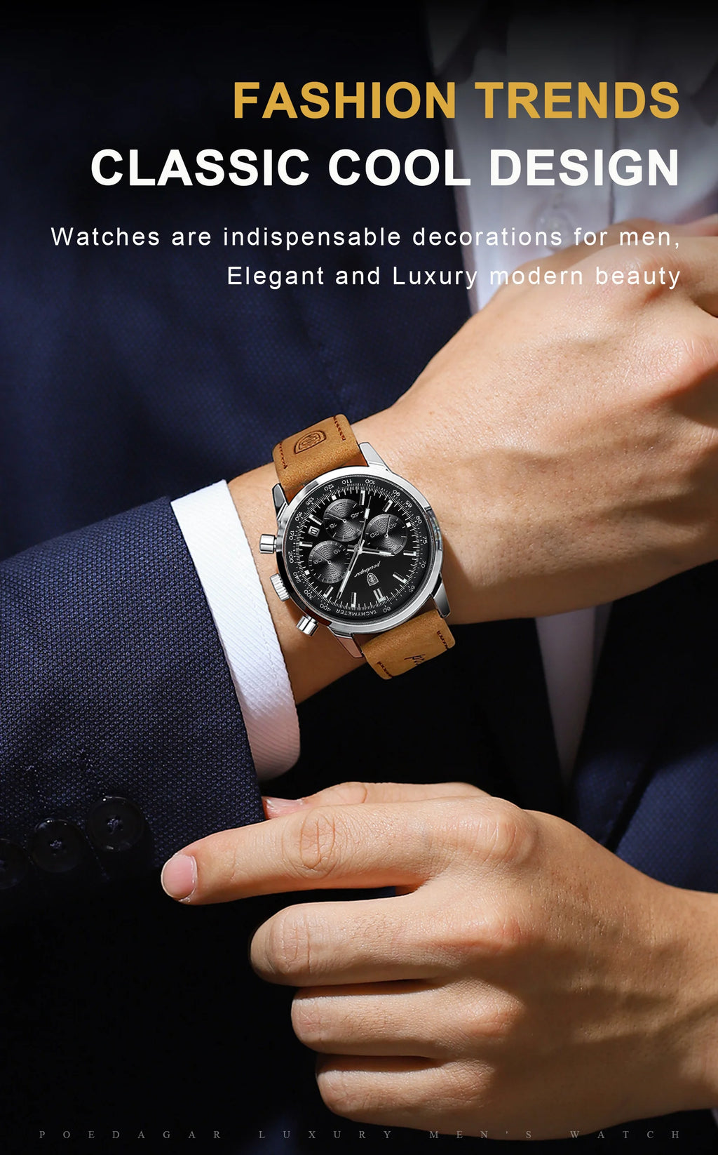 Chronograph Leather Watch – Luminous Numberless Dial with Date