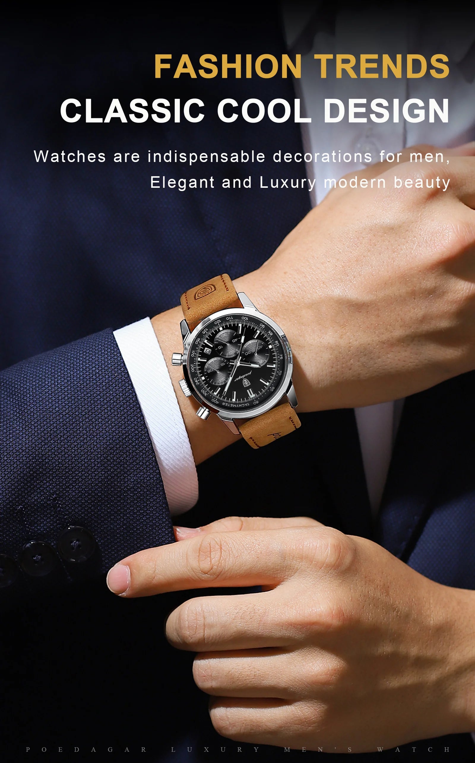 Chronograph Leather Watch – Luminous Numberless Dial with Date