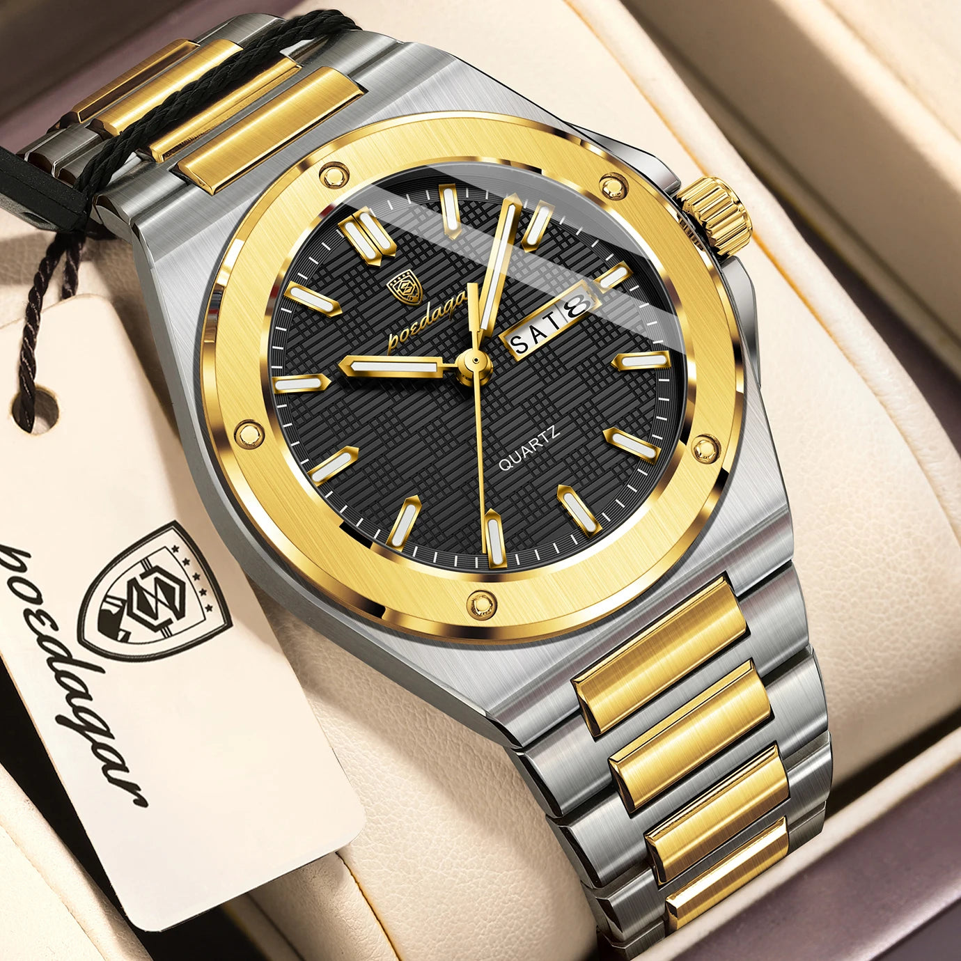 Full Calendar Business Watch – Luminous Stainless Steel with Hidden Clasp Bracelet
