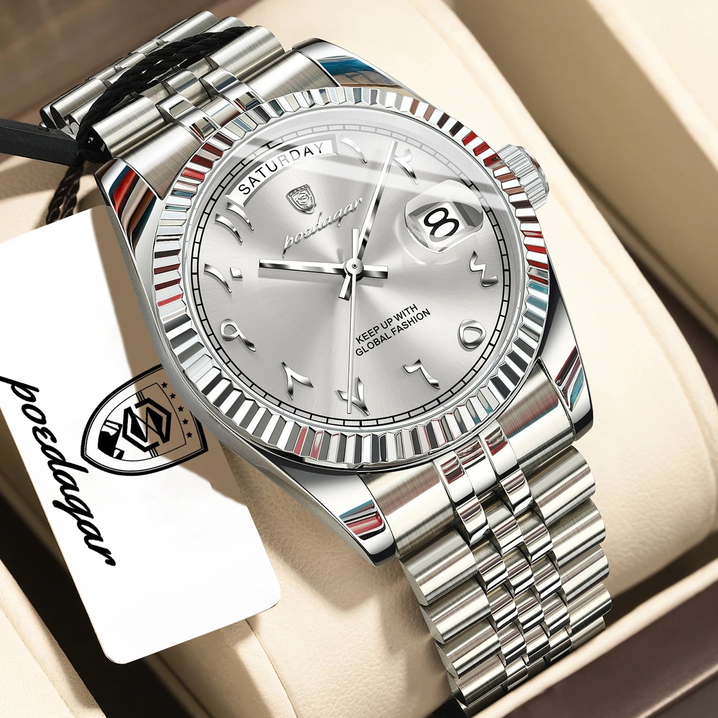 Full Calendar Slim Watch – Date & Week Display with Hidden Clasp Bracelet
