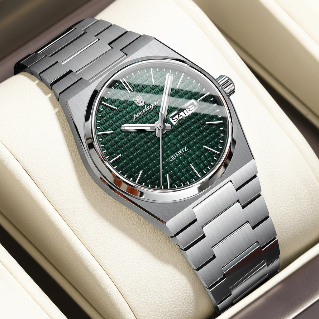 Full Calendar Stainless Steel Watch – Luminous Dial with Date, Week & Hidden Clasp