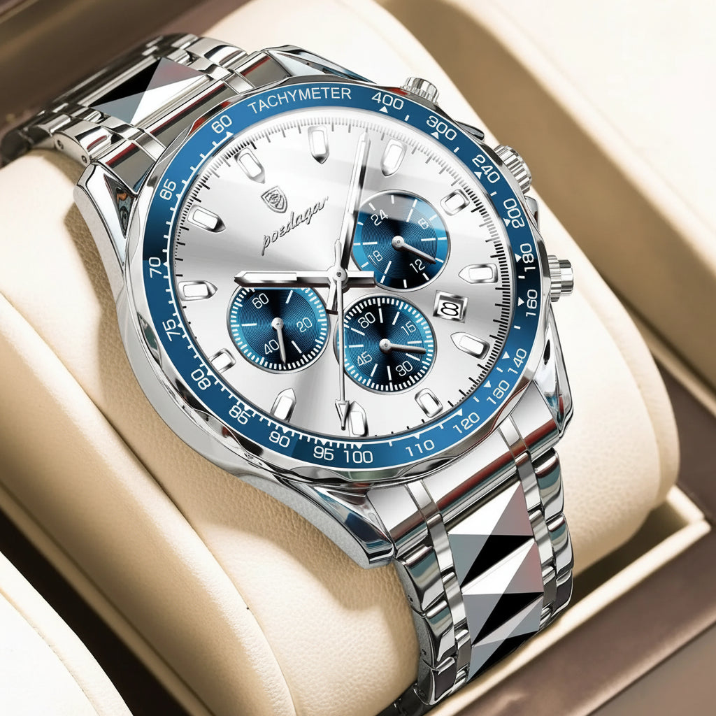 Chronograph Date Watch – Luminous Dial with Hidden Clasp Bracelet