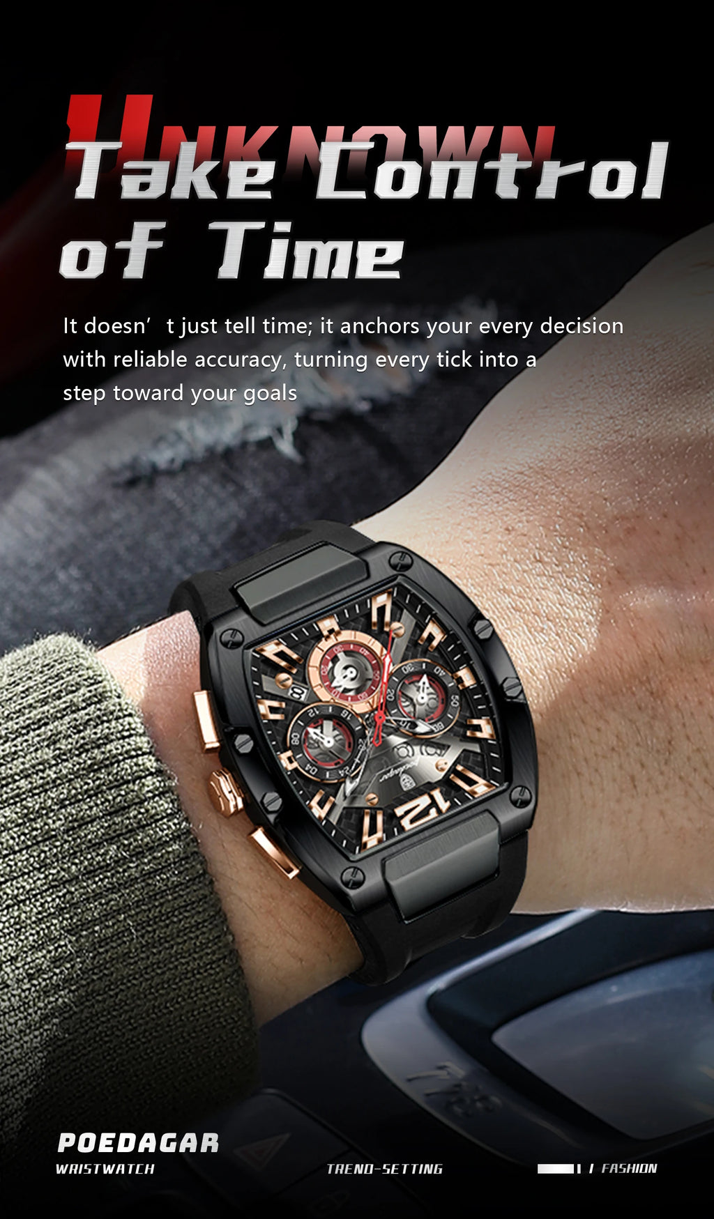 Tonneau Chronograph Watch – Roman Numeral Dial with Sapphire Crystal & Silicone Strap