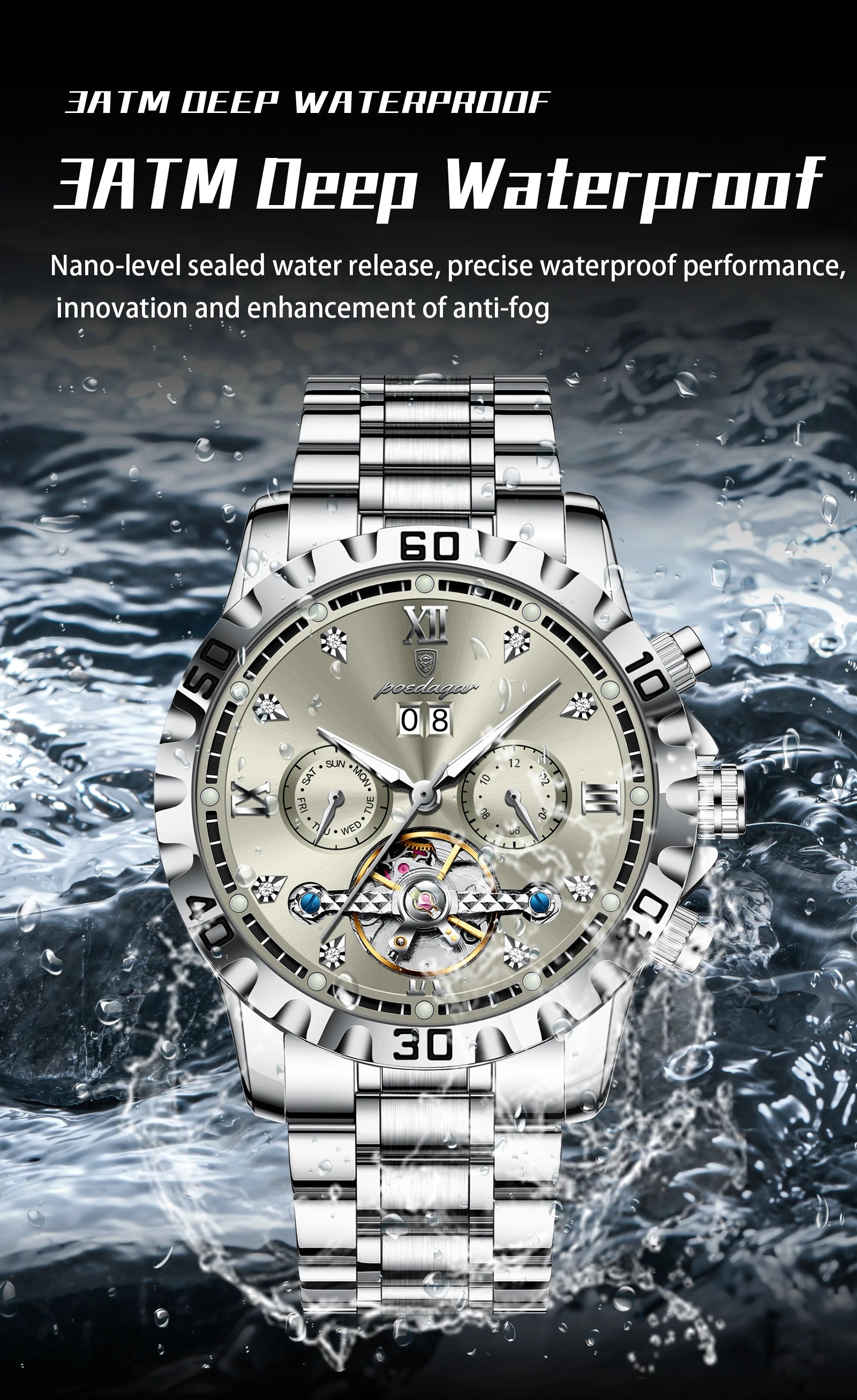 Automatic Tourbillon Style Watch – Sapphire Crystal with Week Display & Hidden Clasp