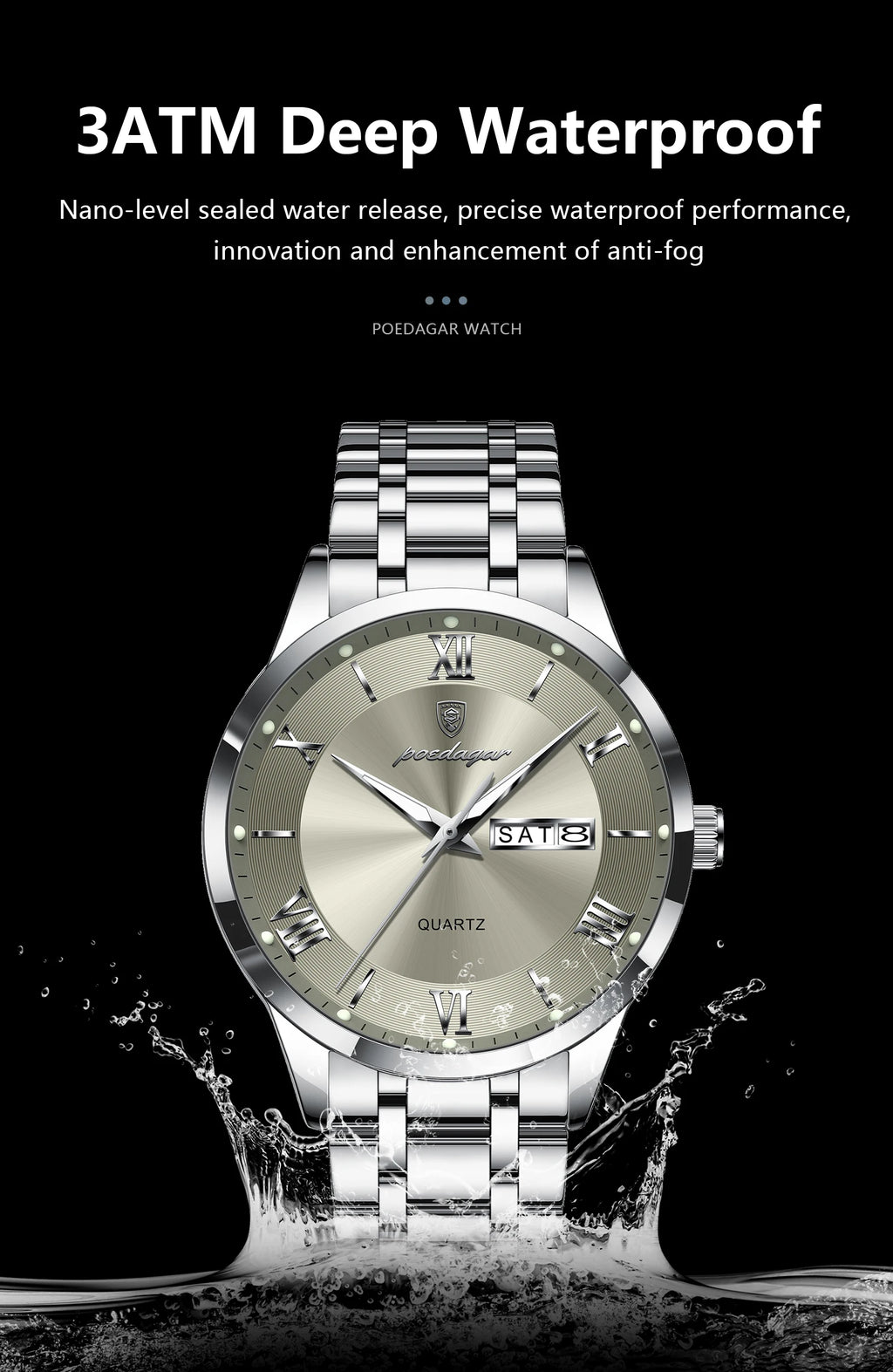 Roman Numeral Full Calendar Watch – Luminous Dial with Date, Week & Hidden Clasp