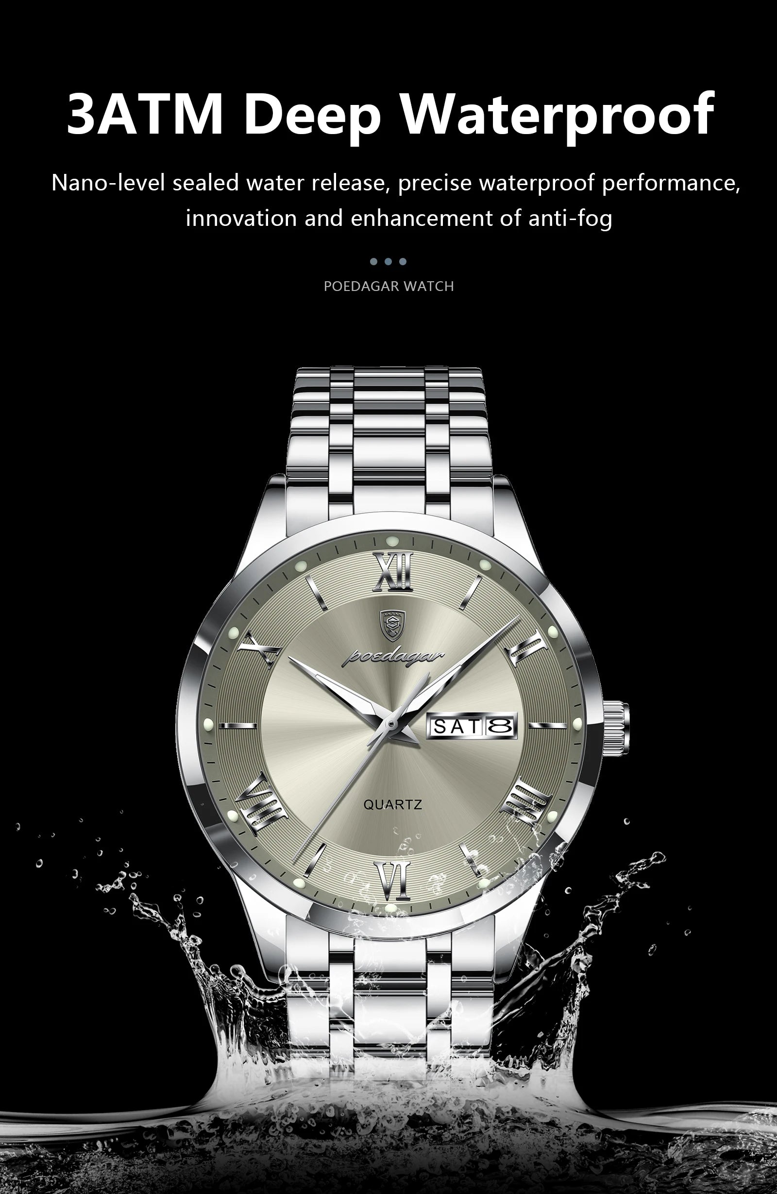 Roman Numeral Full Calendar Watch – Luminous Dial with Date, Week & Hidden Clasp