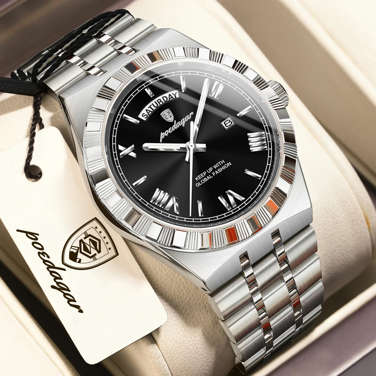 Full Calendar Business Watch – Roman Numeral Dial with Hidden Clasp