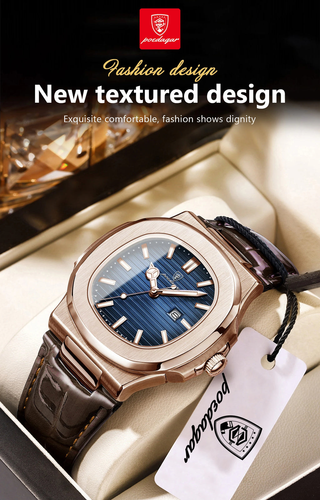 Square Leather Watch – Luminous Dial with Date & Classic Buckle