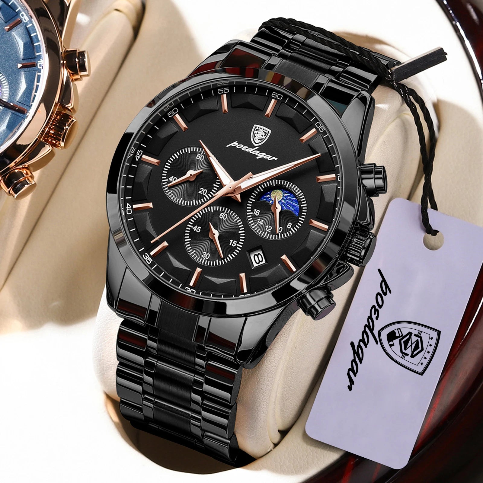 Chronograph Date Watch – Luminous Numberless Dial with Bracelet Clasp