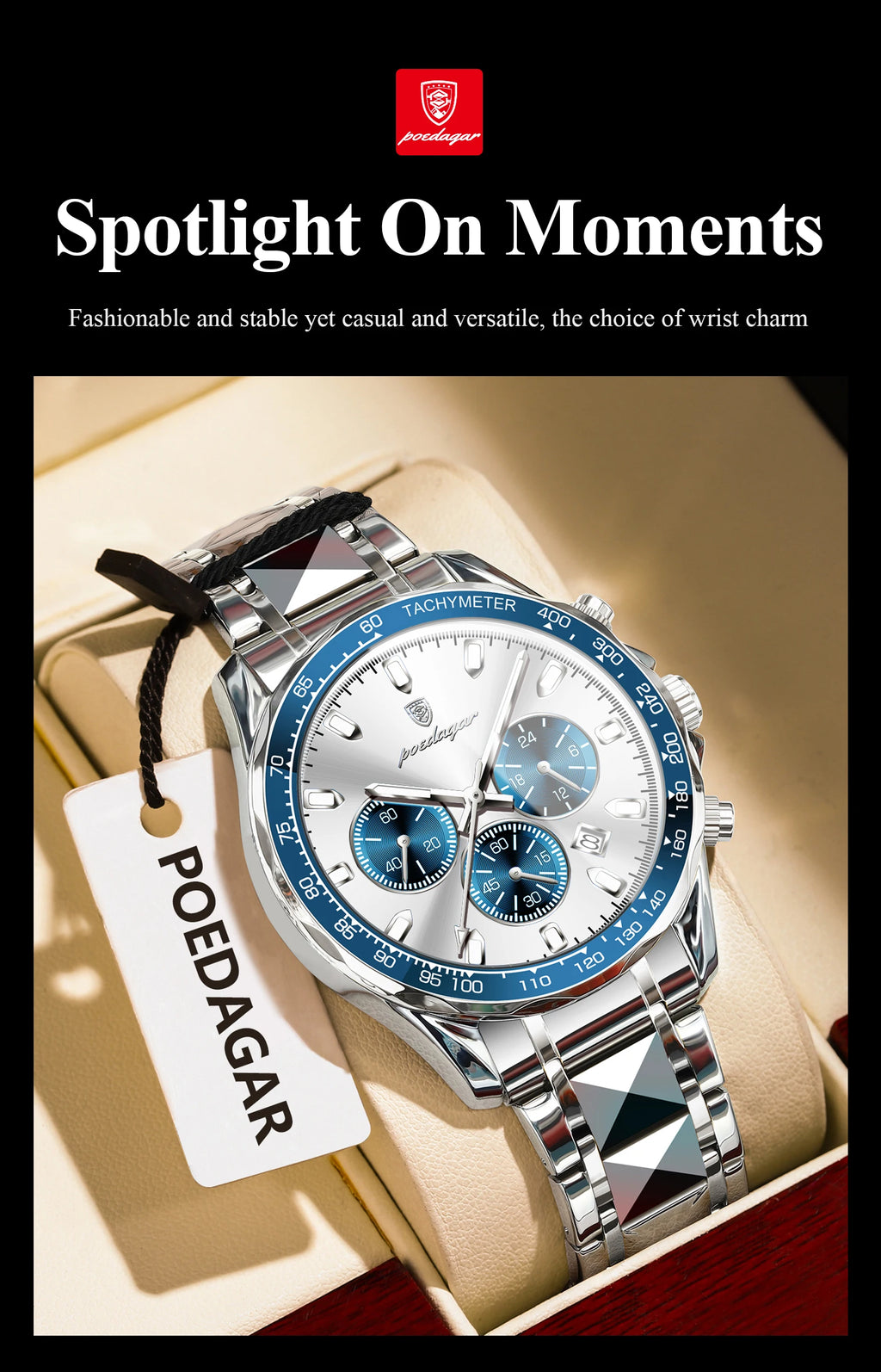 Chronograph Date Watch – Luminous Dial with Hidden Clasp Bracelet