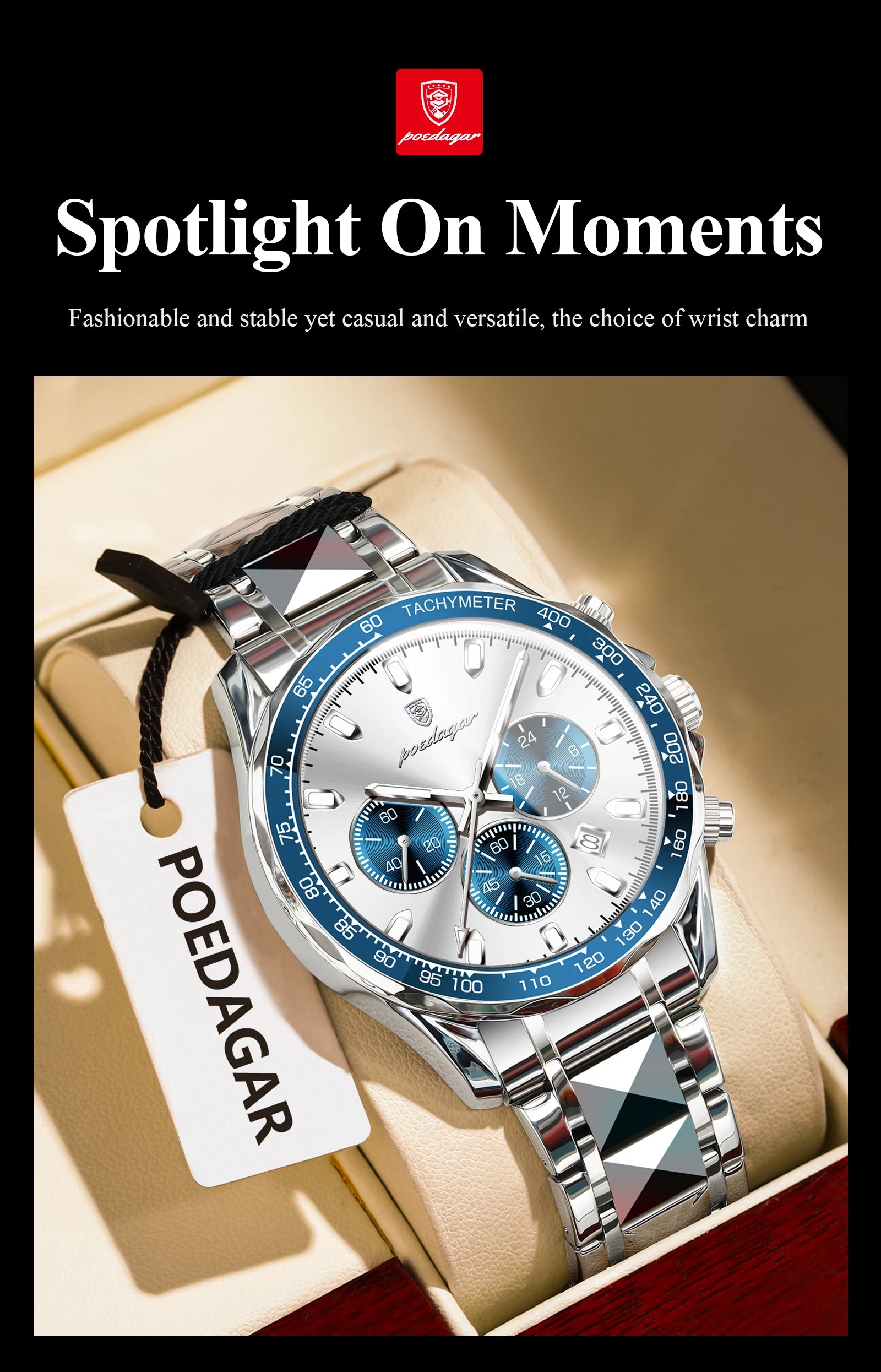Chronograph Date Watch – Luminous Dial with Hidden Clasp Bracelet