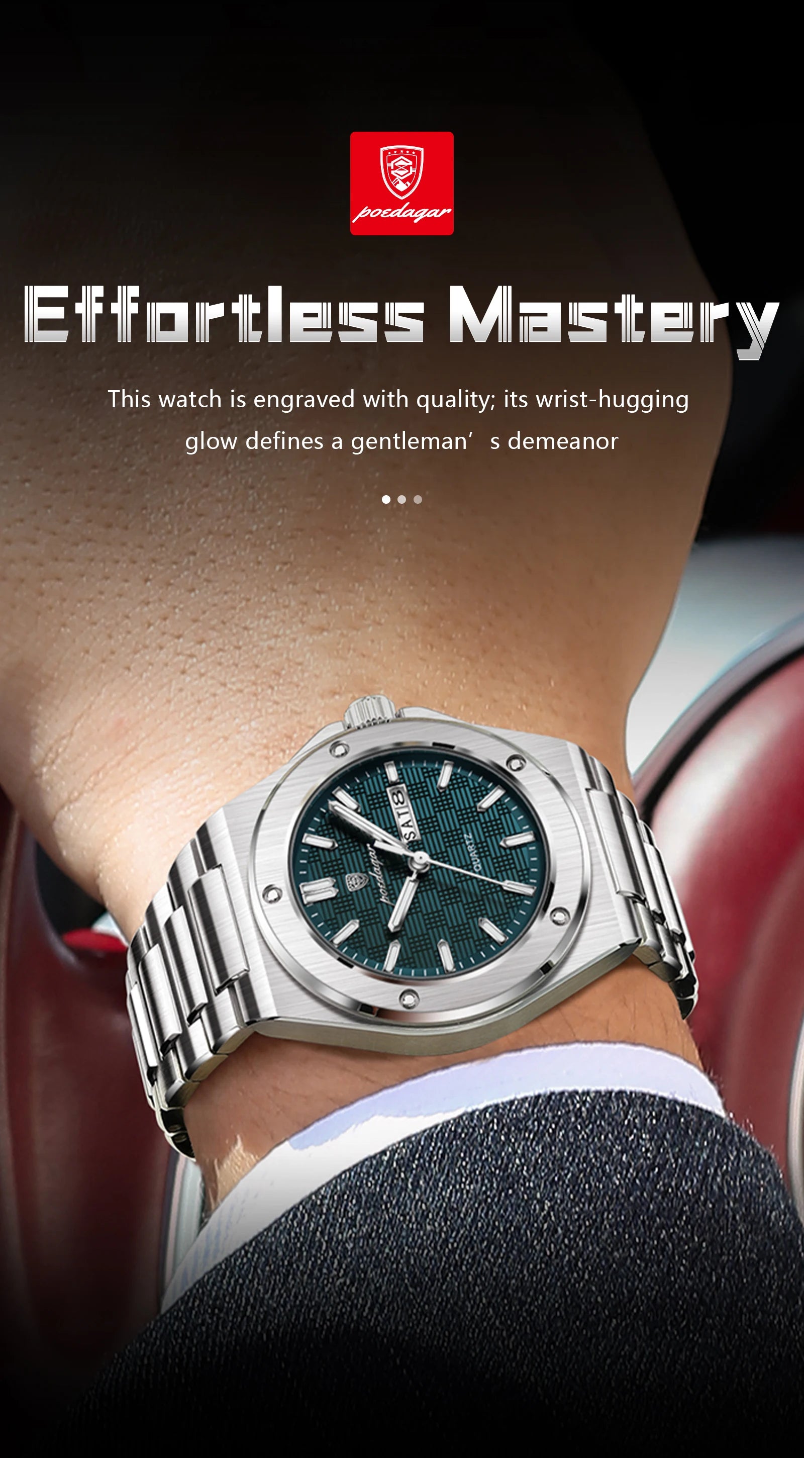 Full Calendar Business Watch – Luminous Stainless Steel with Hidden Clasp Bracelet