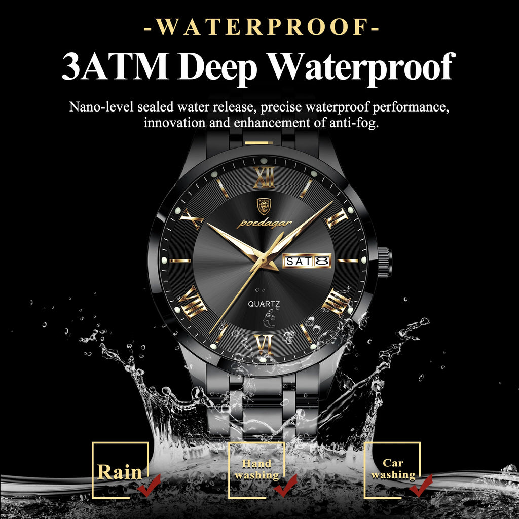 Full Calendar Stainless Steel Watch – Luminous Dial with Date, Week & Hidden Clasp