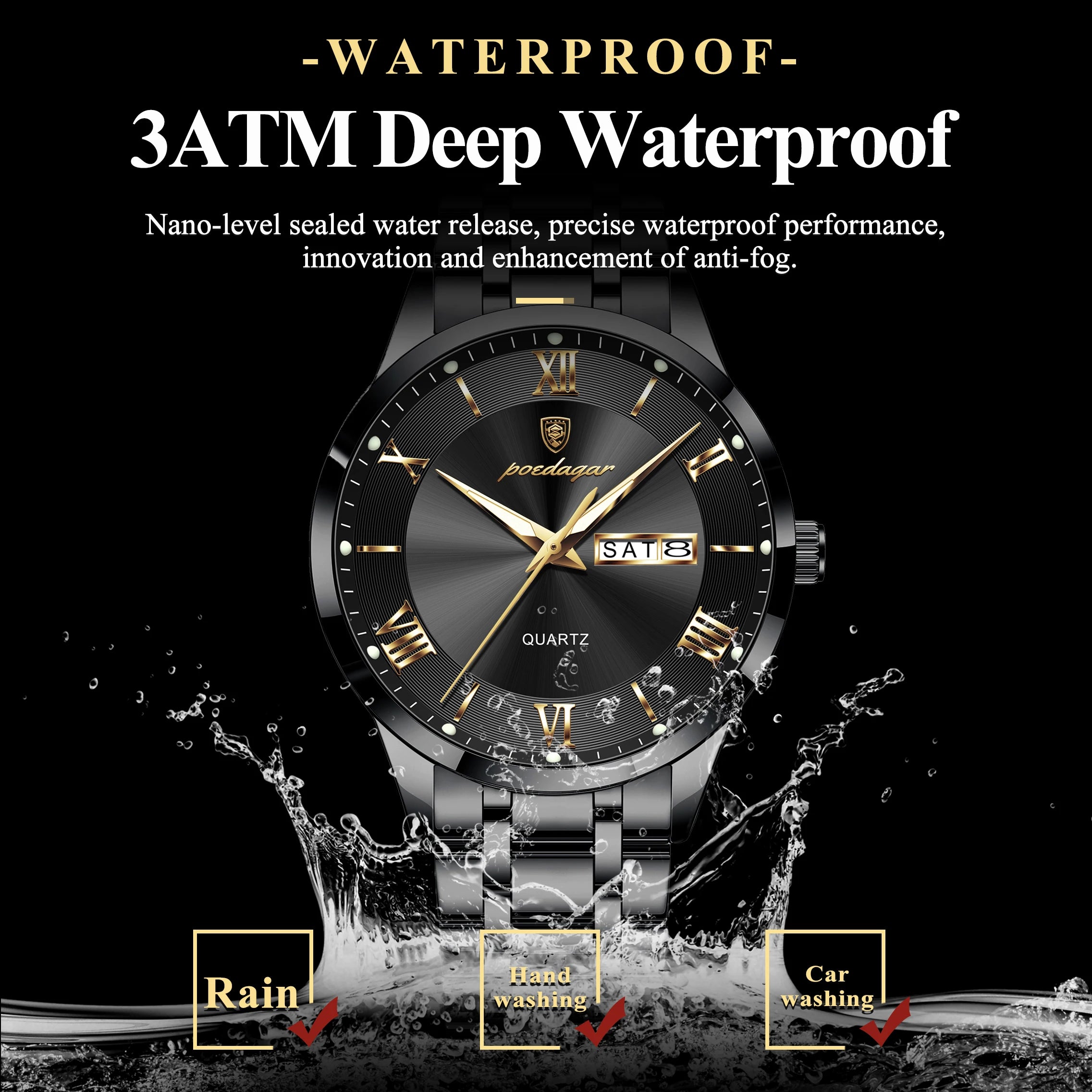 Full Calendar Stainless Steel Watch – Luminous Dial with Date, Week & Hidden Clasp