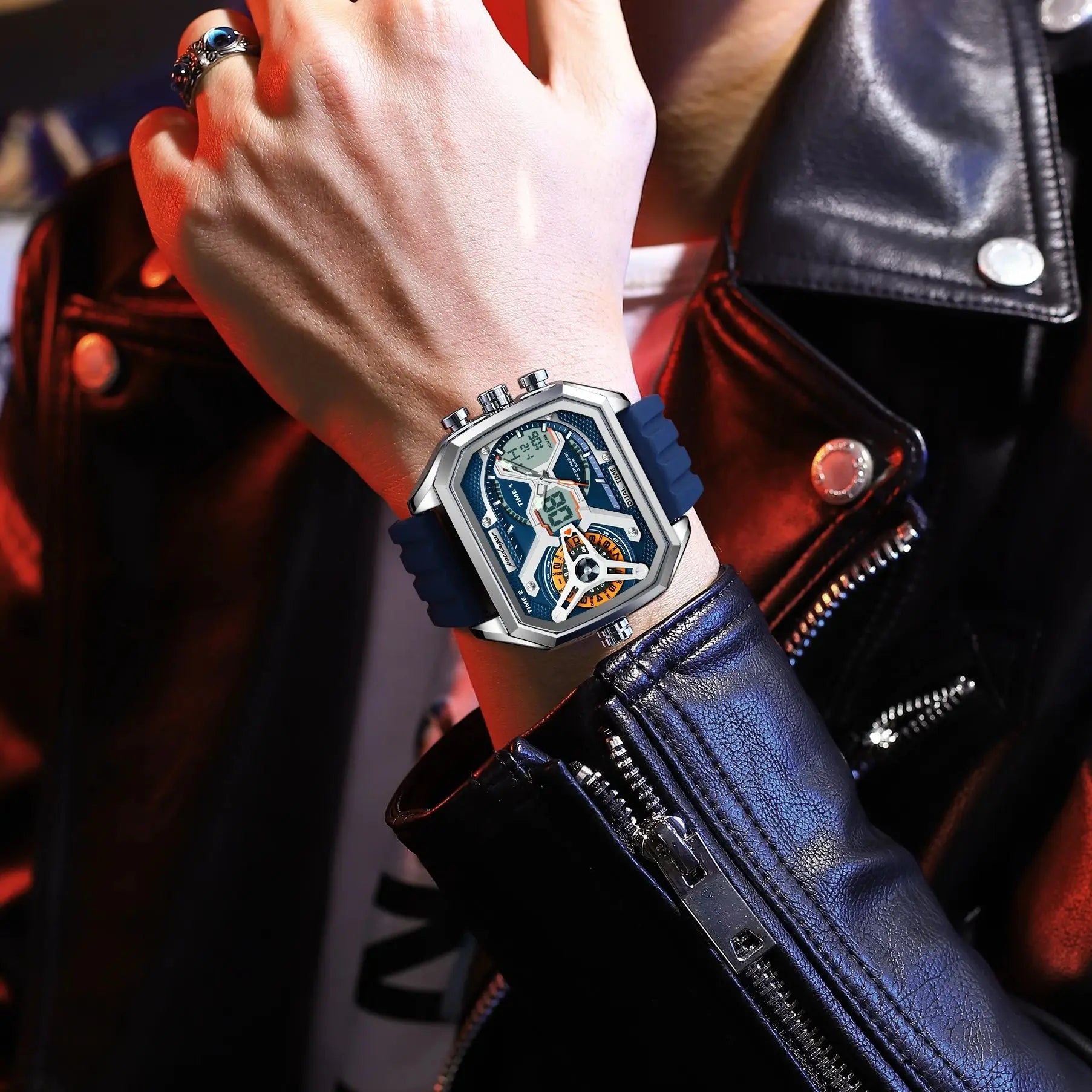 LED Analog-Digital Chronograph Watch – Dual Time & Alarm with Silicone Strap