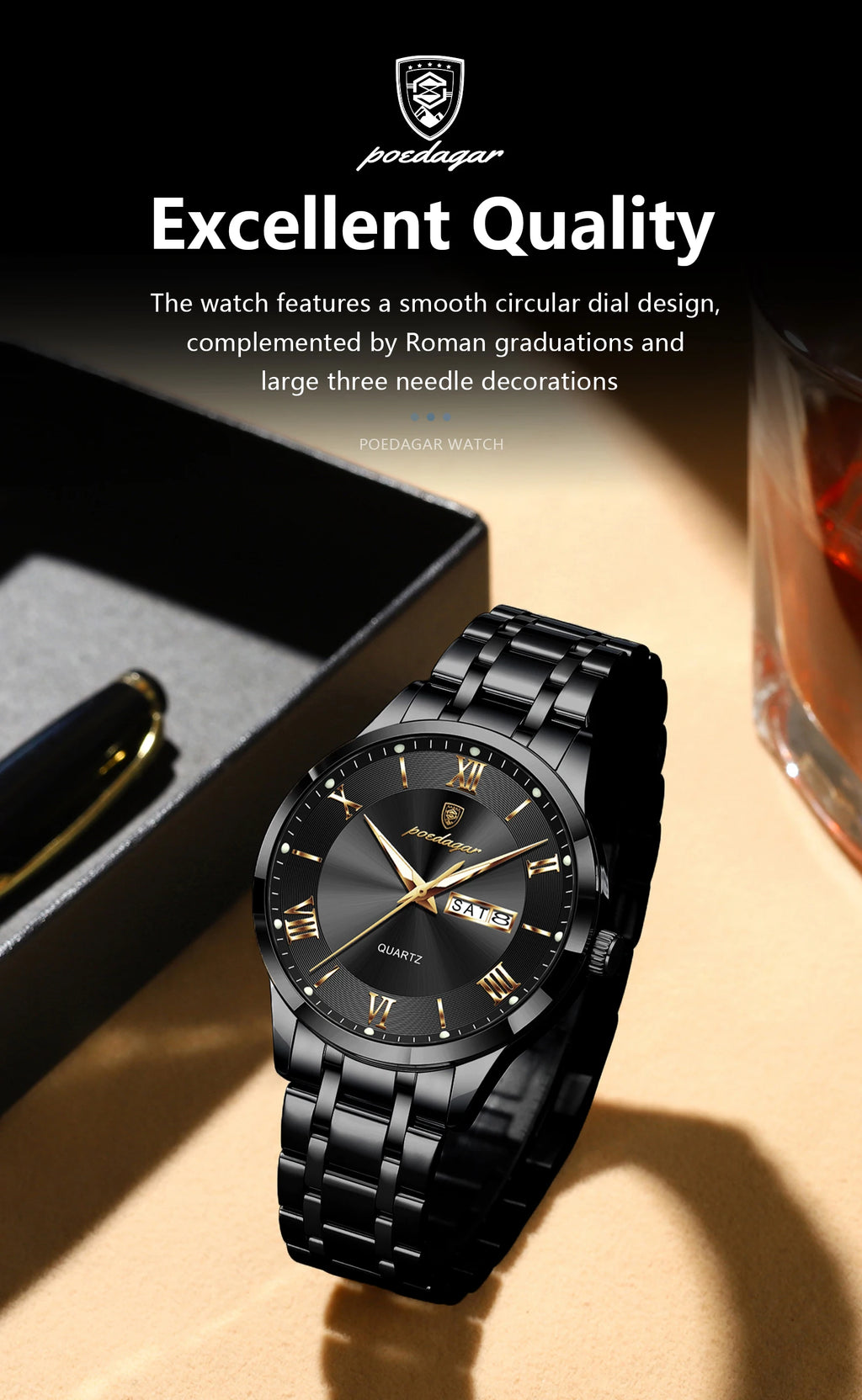 Full Calendar Stainless Steel Watch – Luminous Dial with Date, Week & Hidden Clasp