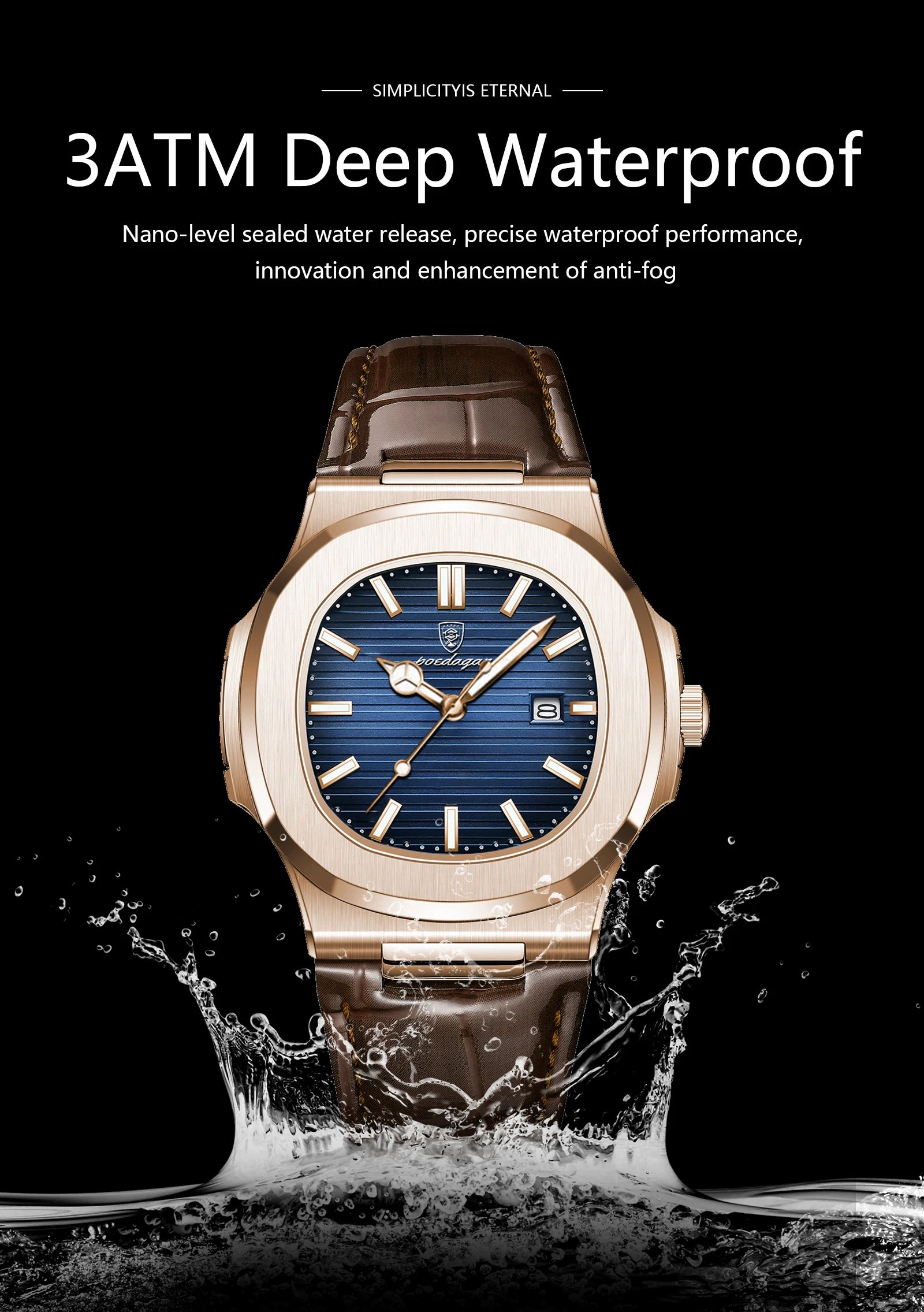 Square Leather Watch – Luminous Dial with Date & Classic Buckle
