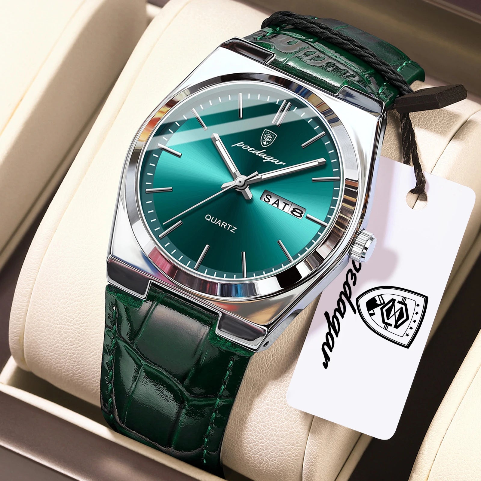 Full Calendar Leather Watch – Luminous Dial with Date, Week & Classic Buckle
